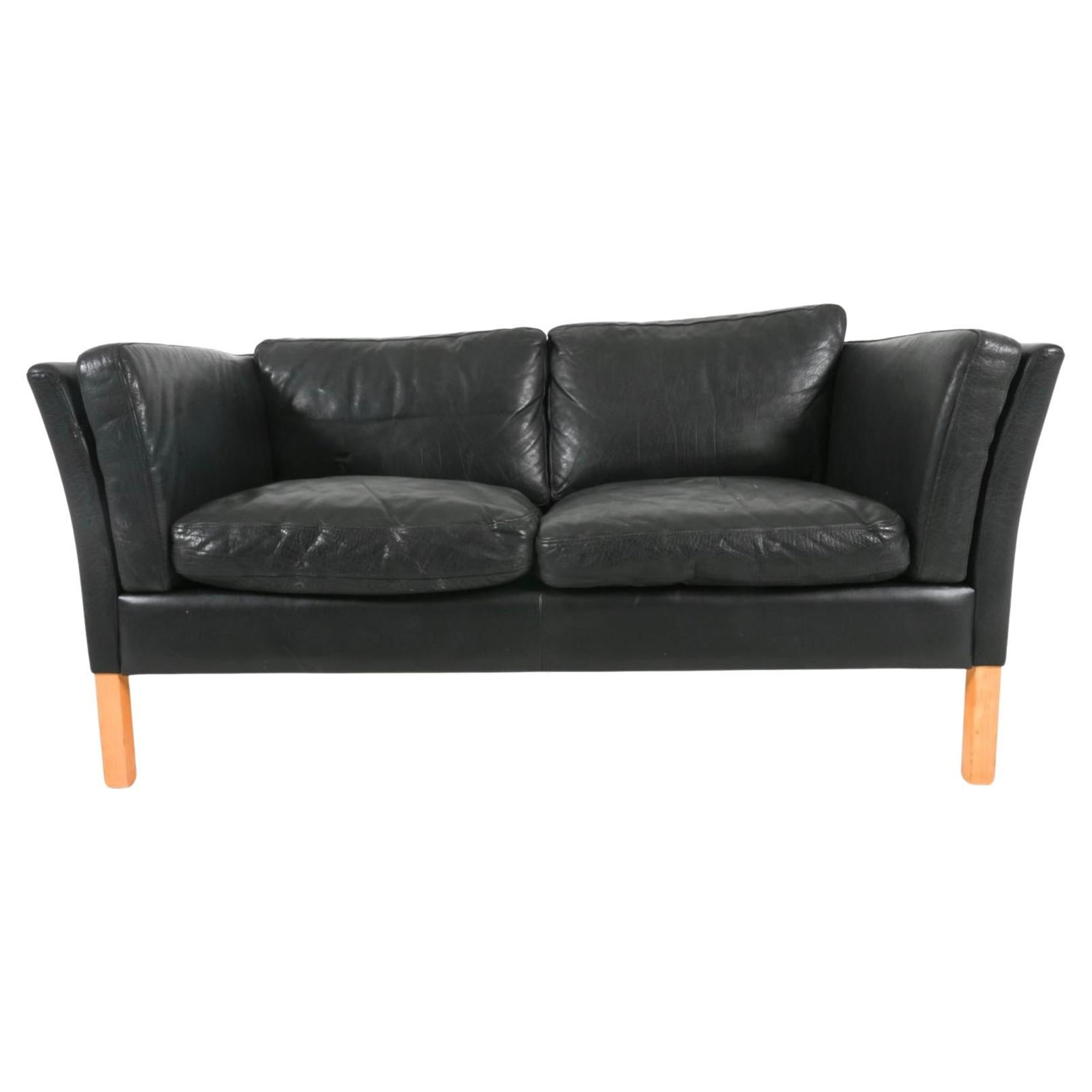 Midcentury Danish Modern Low Curved Arm Black Leather 2 Seat Sofa birch Legs For Sale