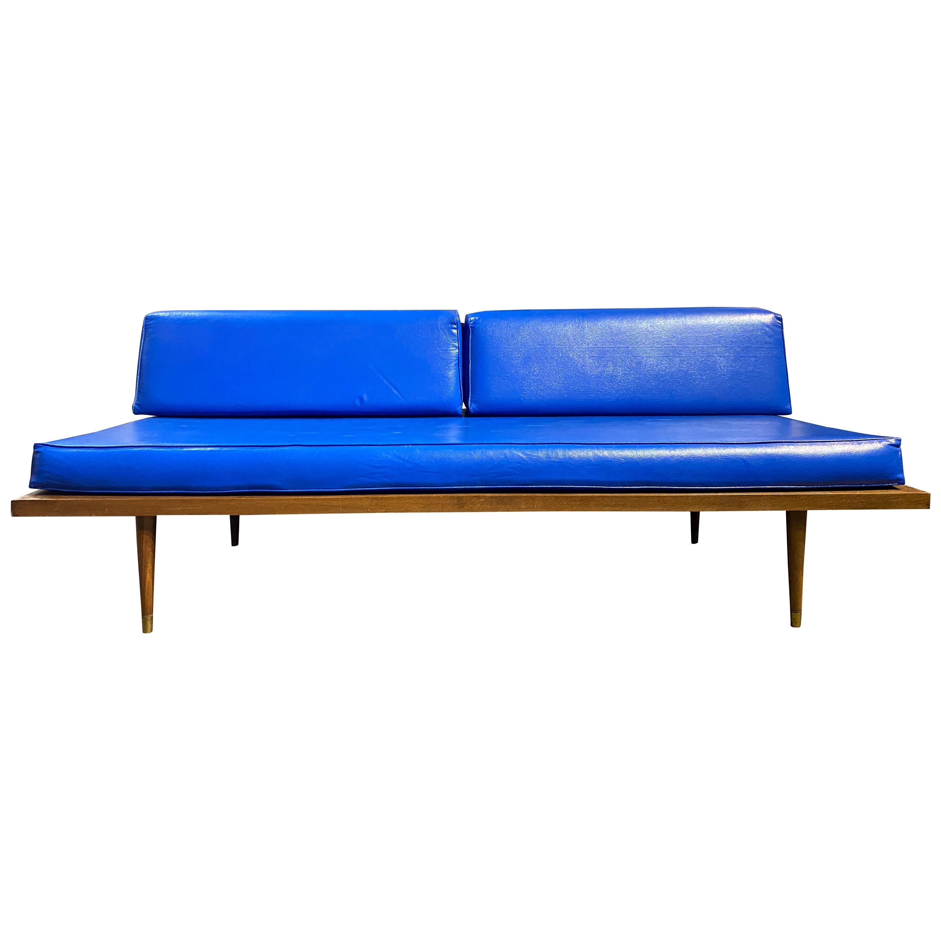 Midcentury Danish Modern Low Minimalist Daybed Bright Blue Vinyl Upholstery