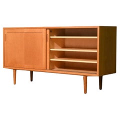Midcentury Danish Modern oak Sliding Door Credenza Sideboard on Tapered Legs