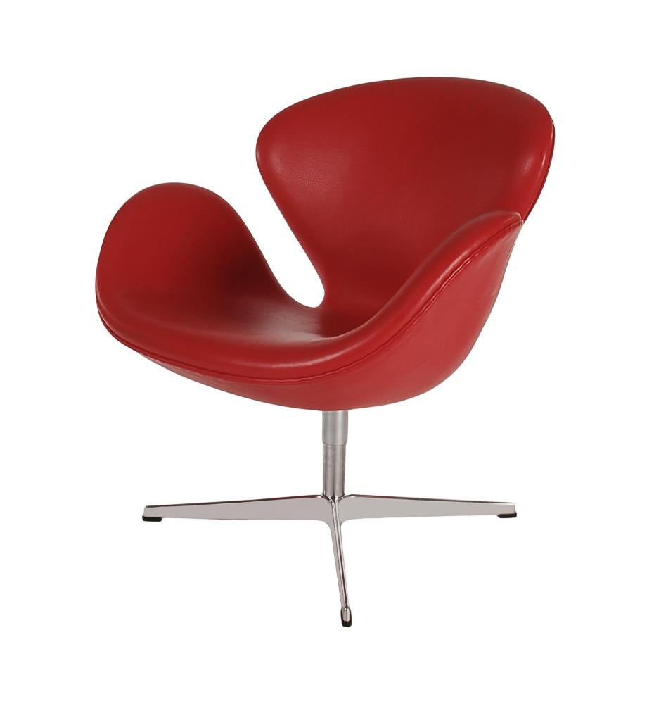 Contemporary Midcentury Danish Modern Pair of Red Leather Swivel Swan Chairs / Arne Jacobsen