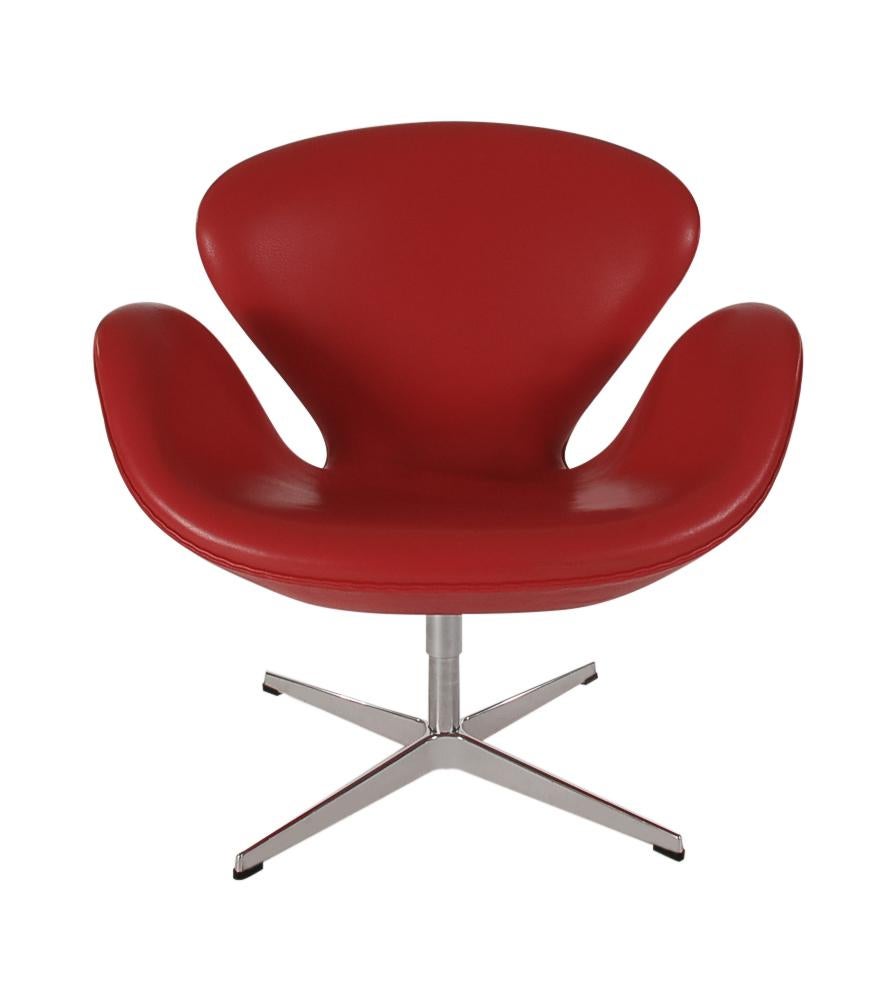 Midcentury Danish Modern Pair of Red Leather Swivel Swan Chairs / Arne Jacobsen 1