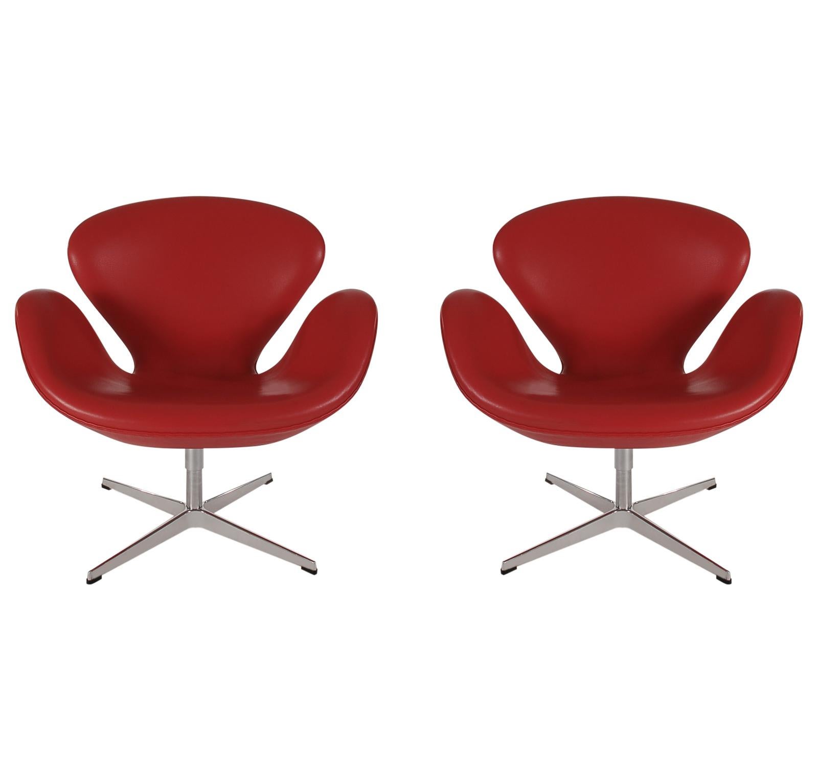 Midcentury Danish Modern Pair of Red Leather Swivel Swan Chairs / Arne Jacobsen