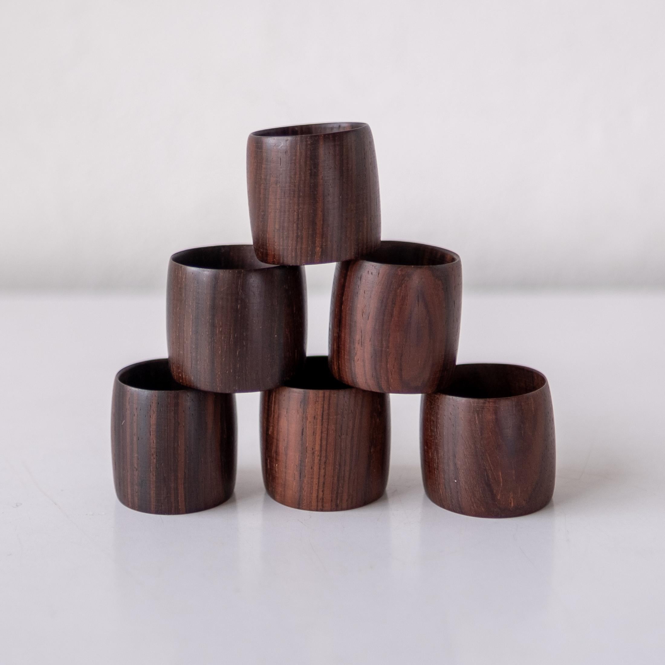 Set of six Mid-Century Danish Modern rosewood napkin rings.
 