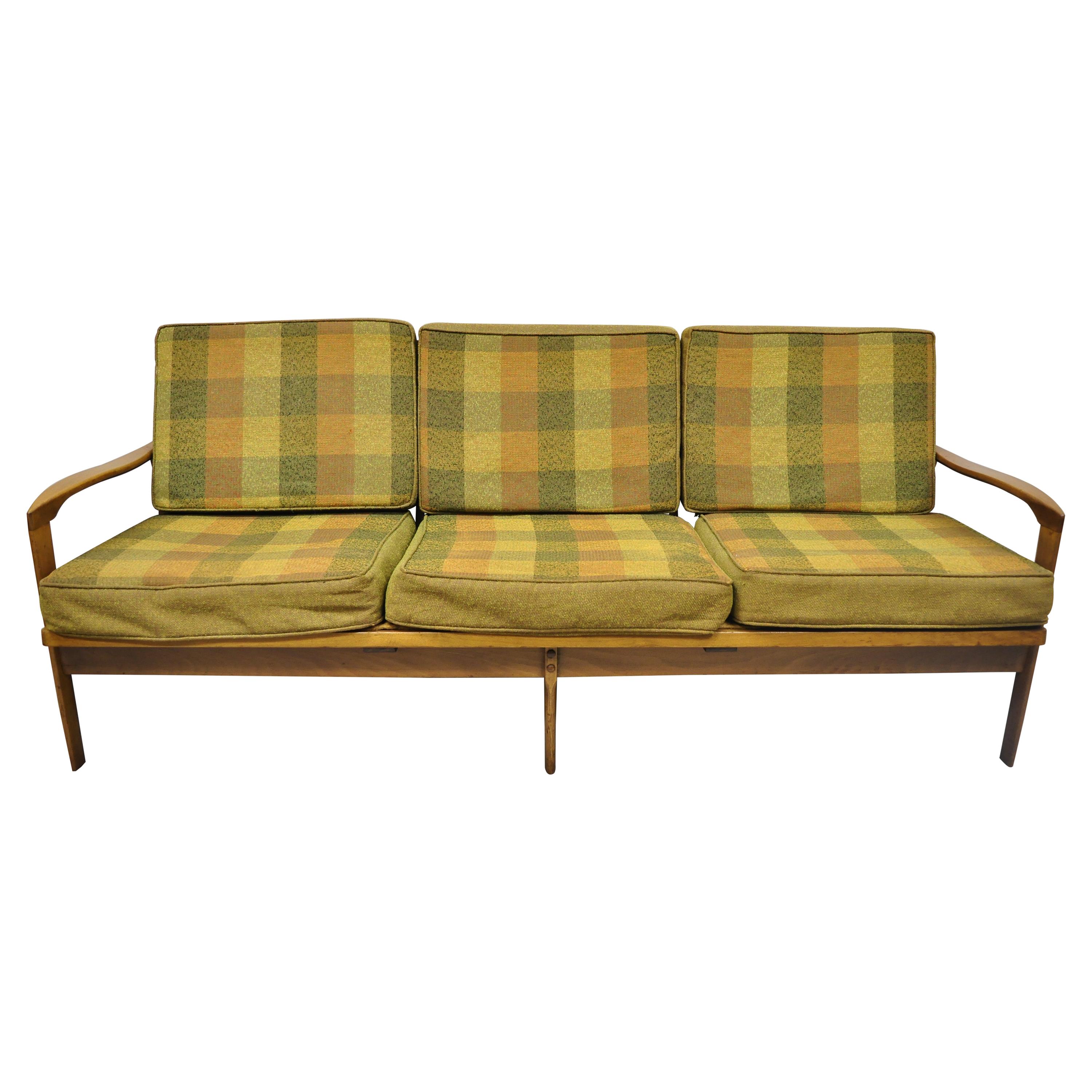 Midcentury Danish Modern Sculpted Walnut 3-Seat Spindle Back Sofa by Norco