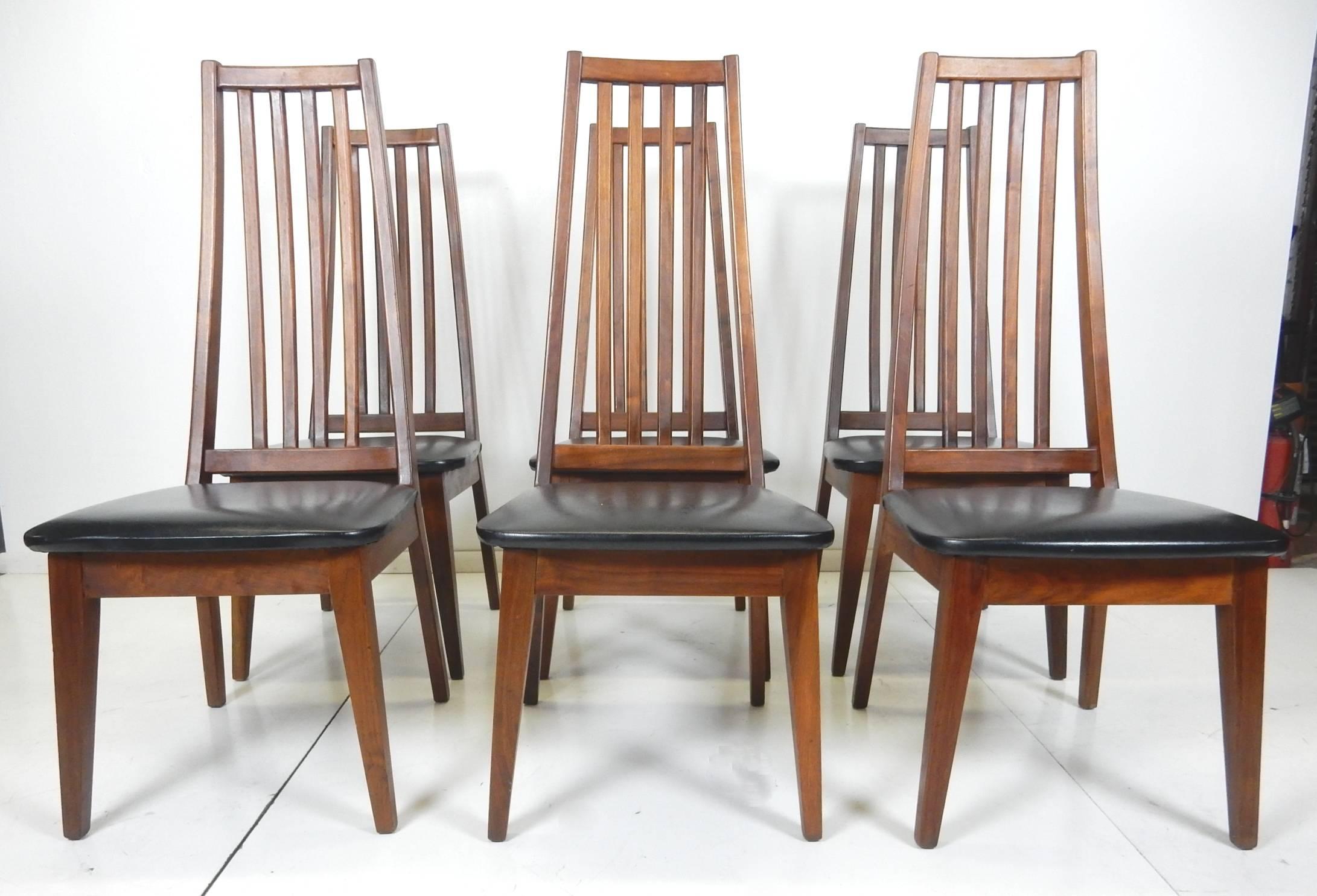Walnut Mid Century Danish Modern Tall Teak Wood Spindle Back Dining Chairs