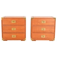 Midcentury Danish Modern Teak and Brass Campaign Nightstands, Pair