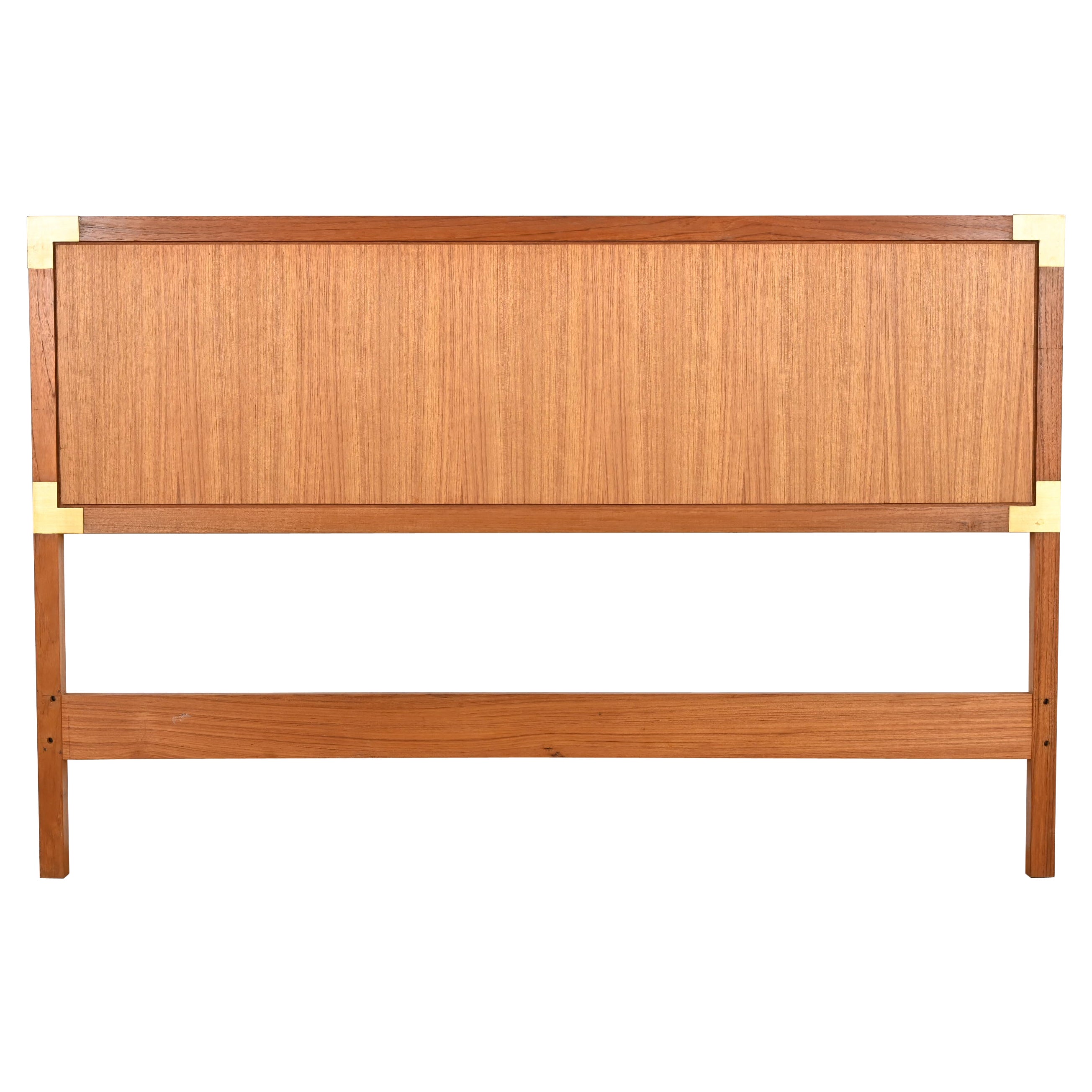 Midcentury Danish Modern Teak and Brass Campaign Queen Size Headboard
