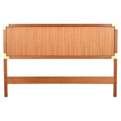 Midcentury Danish Modern Teak and Brass Campaign Queen Size Headboard
