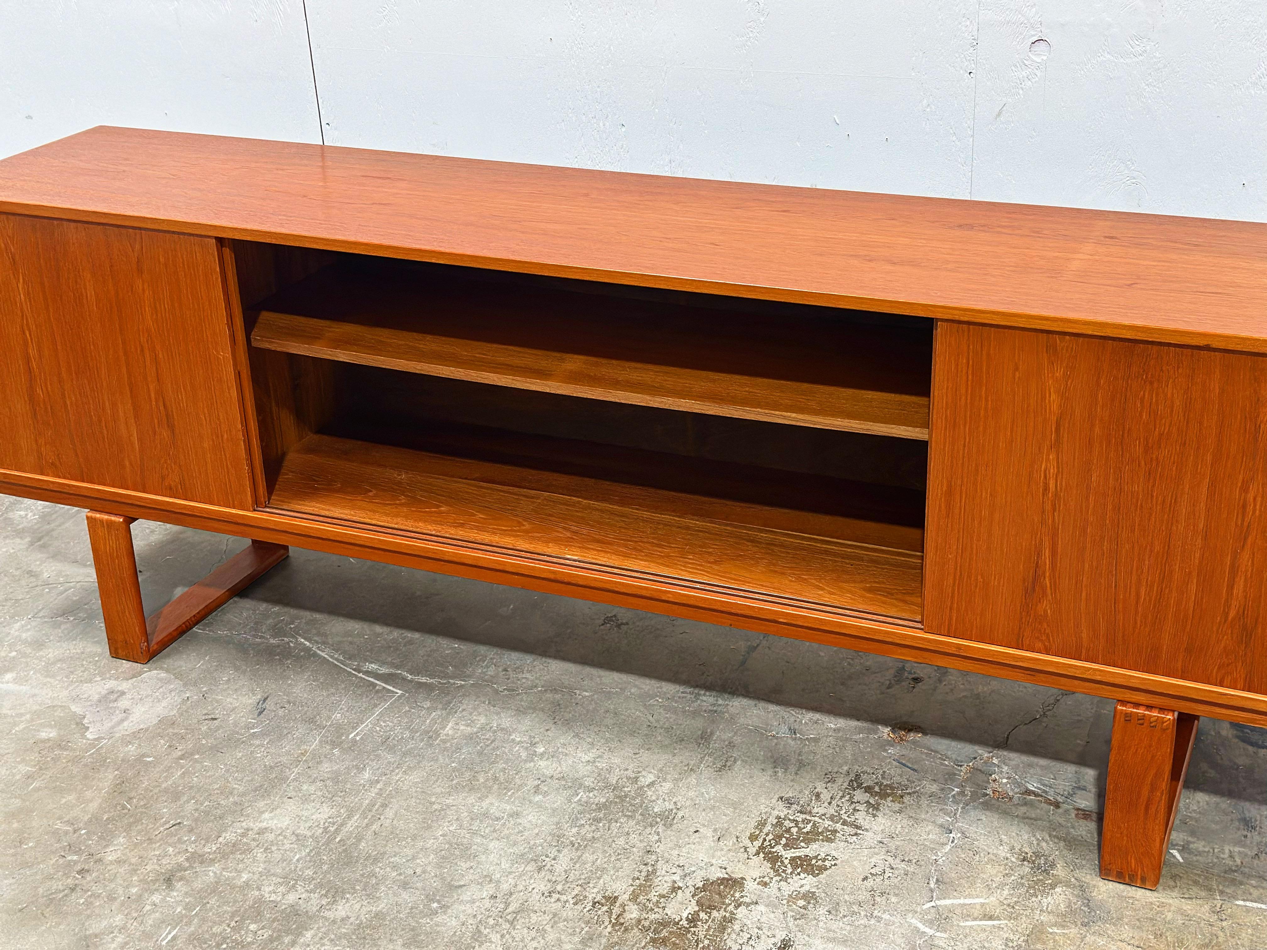 Midcentury Danish Modern Teak Credenza - Sled Base - Long Sliding Door Cabinet 6