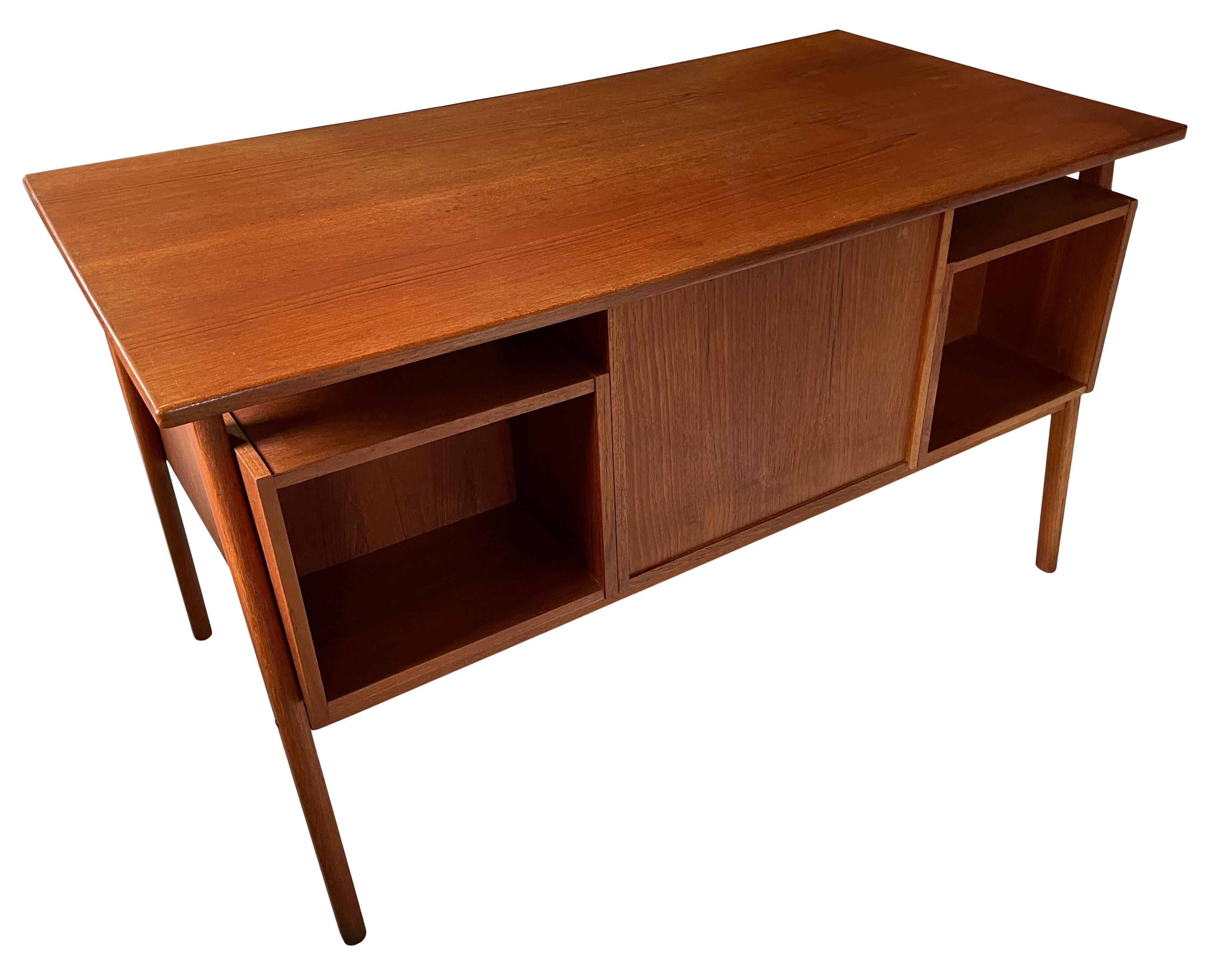 Mid-Century Modern Midcentury Danish Modern Teak Desk 3 Drawers Top Lockable Center Cabinet