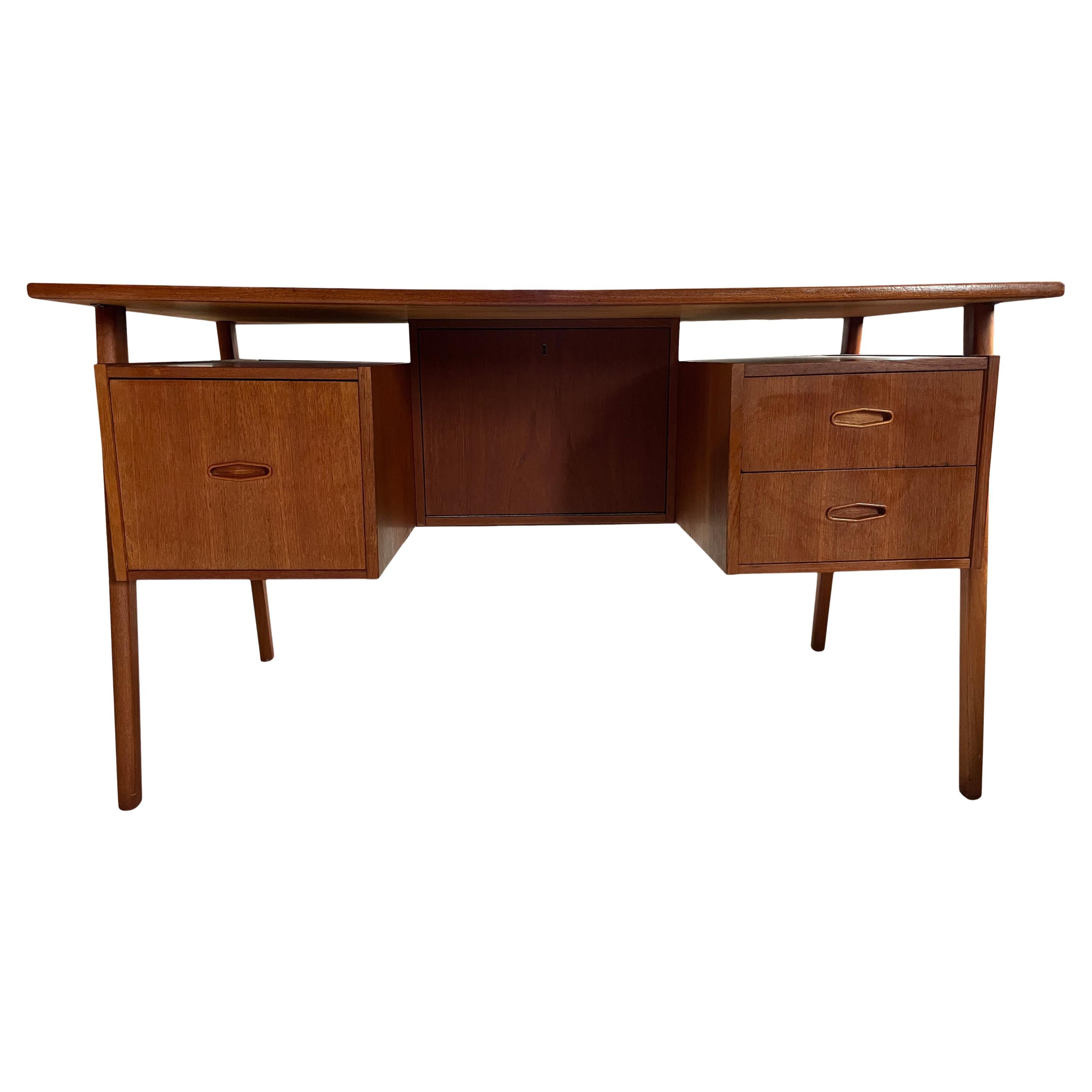Midcentury Danish Modern Teak Desk 3 Drawers Top Lockable Center Cabinet