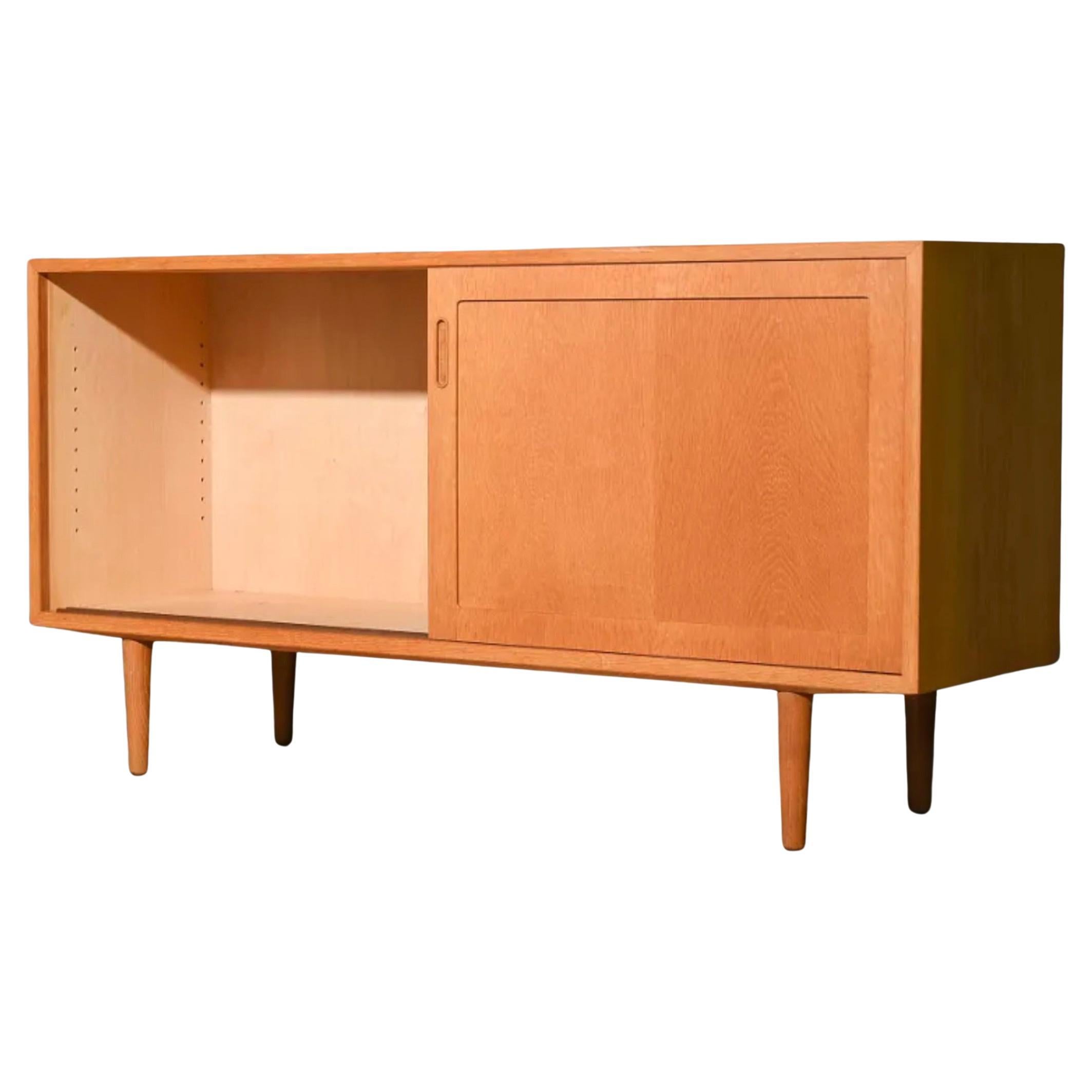 Woodwork Midcentury Danish Modern Teak Sliding Door Credenza Sideboard on Tapered Legs For Sale