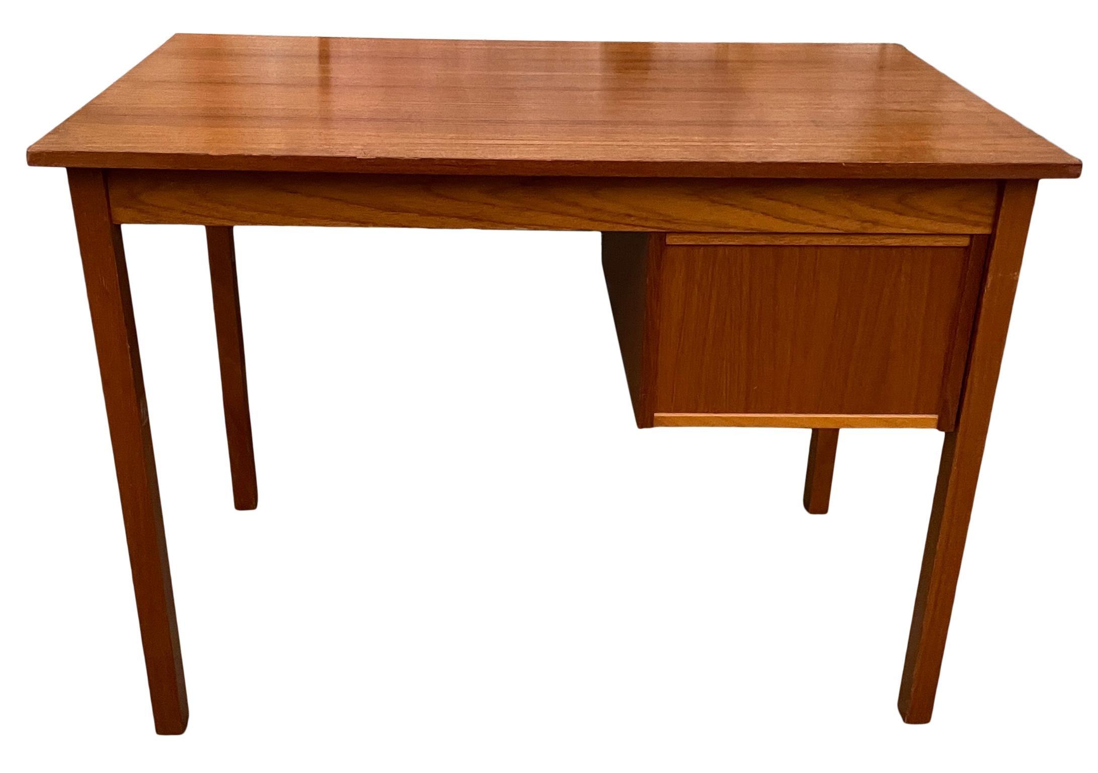 Midcentury Danish Modern Teak Small Desk 2 Drawers Top Lockable Drawer 1