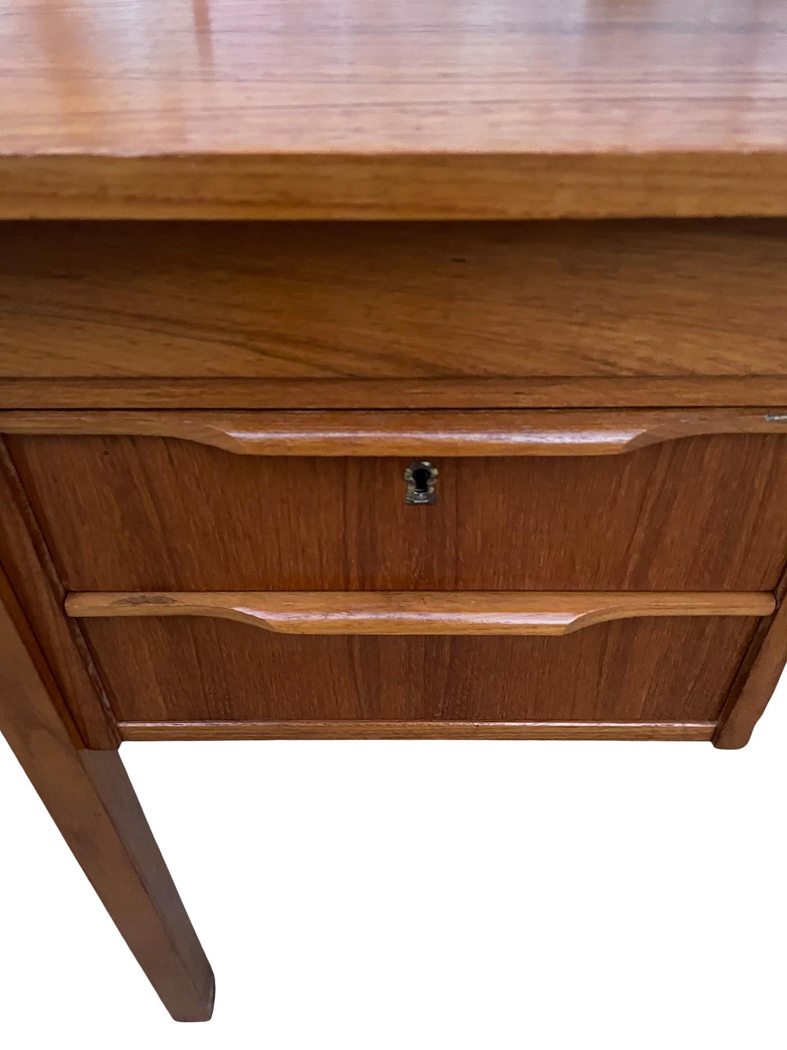 Mid-Century Modern Midcentury Danish Modern Teak Small Desk 2 Drawers Top Lockable Drawer