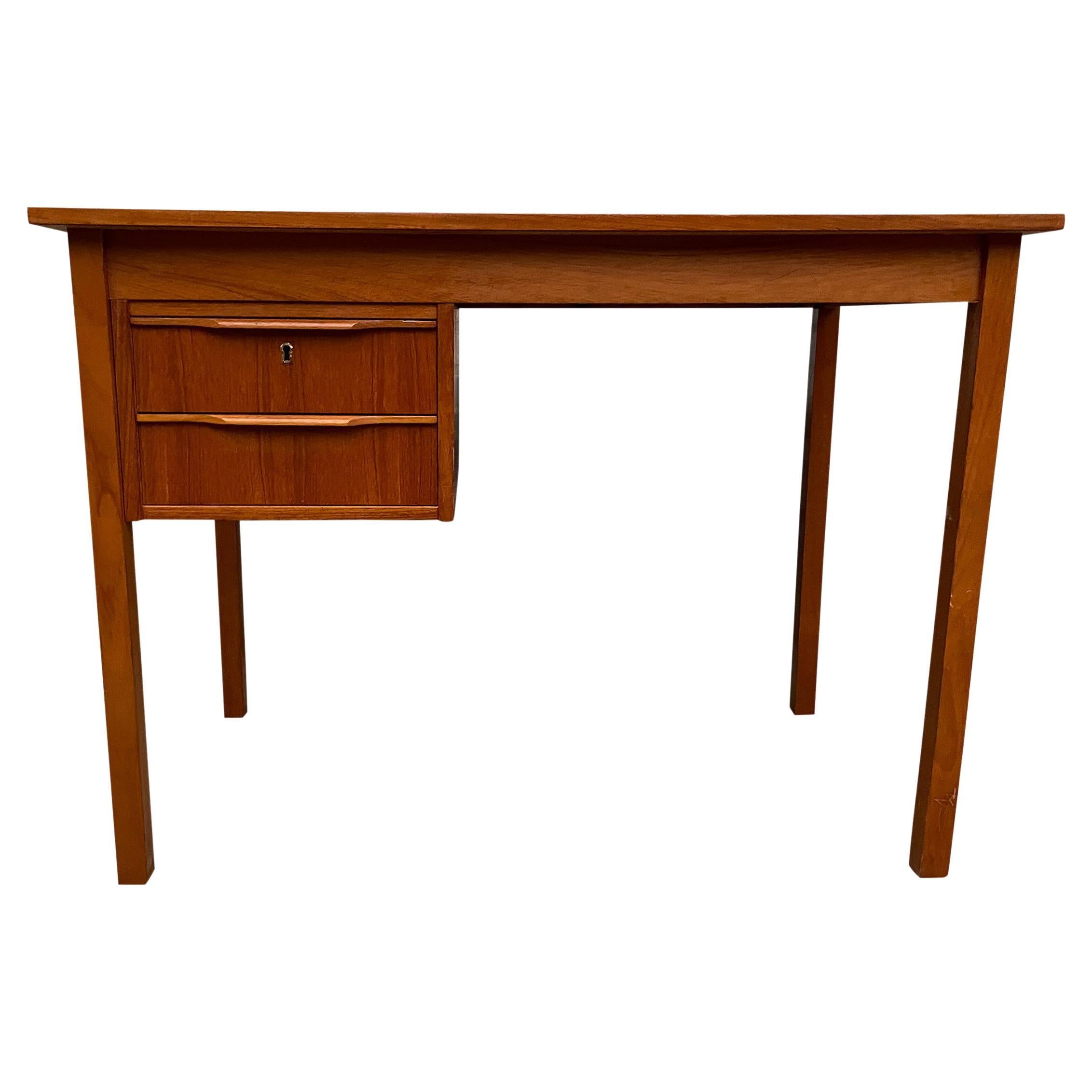 Midcentury Danish Modern Teak Small Desk 2 Drawers Top Lockable Drawer