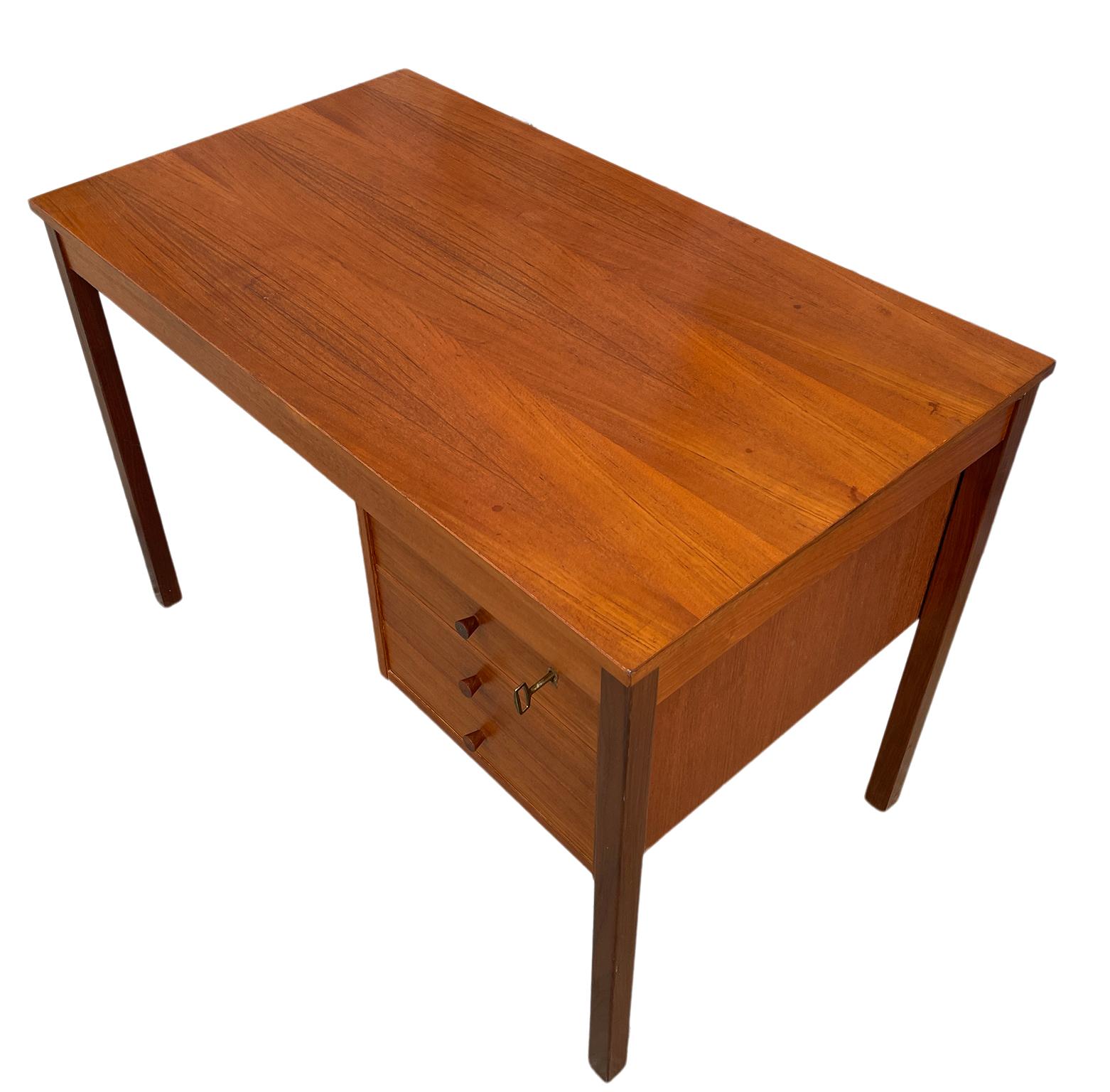 Mid-Century Modern Midcentury Danish Modern Teak Small Desk 3 Drawers Top Lockable Drawer