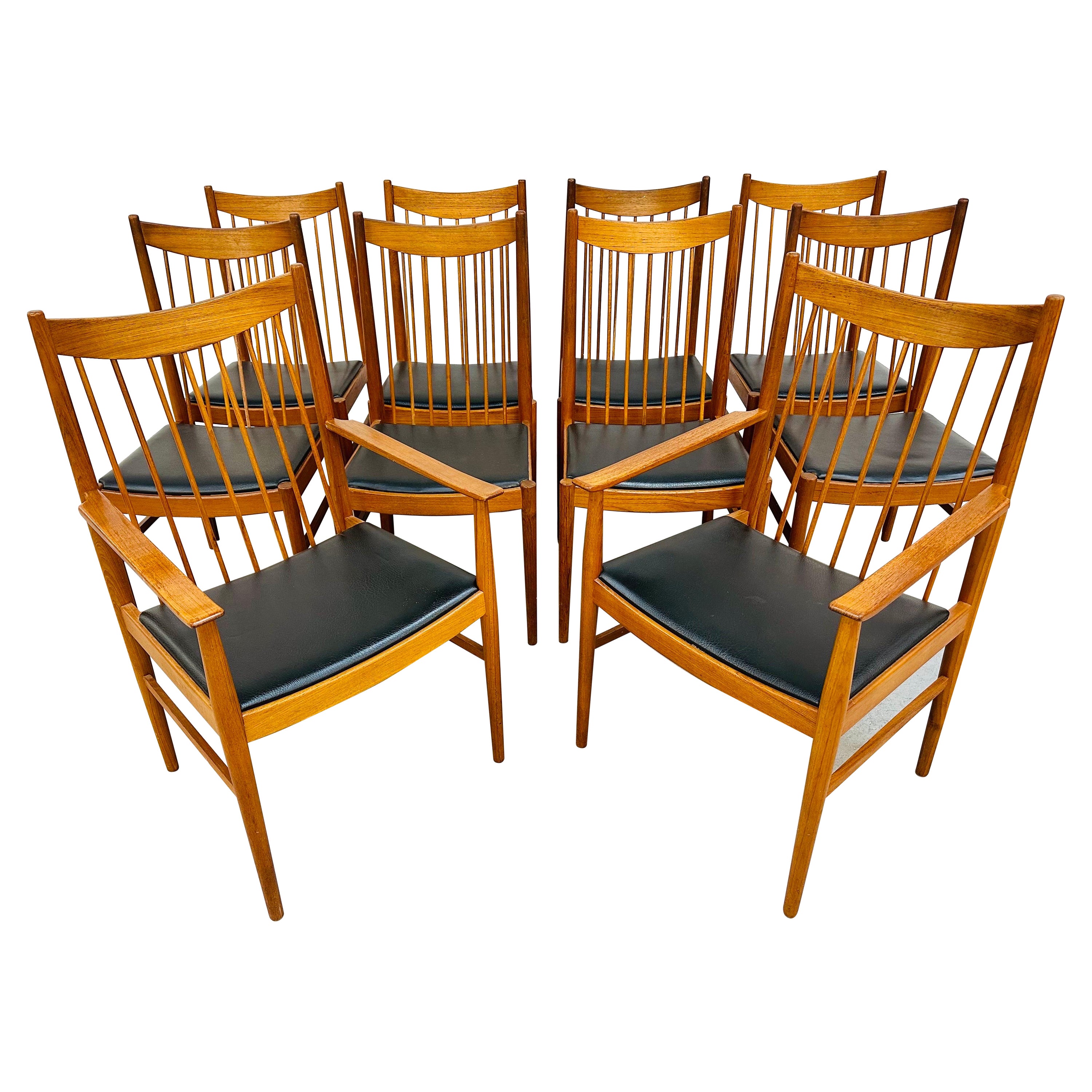 Midcentury Danish Modern Teak Spindle Dining Chairs, Set of 10