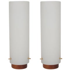 Midcentury Danish Modern Walnut and Frosted Glass Cylinder Table Lamps