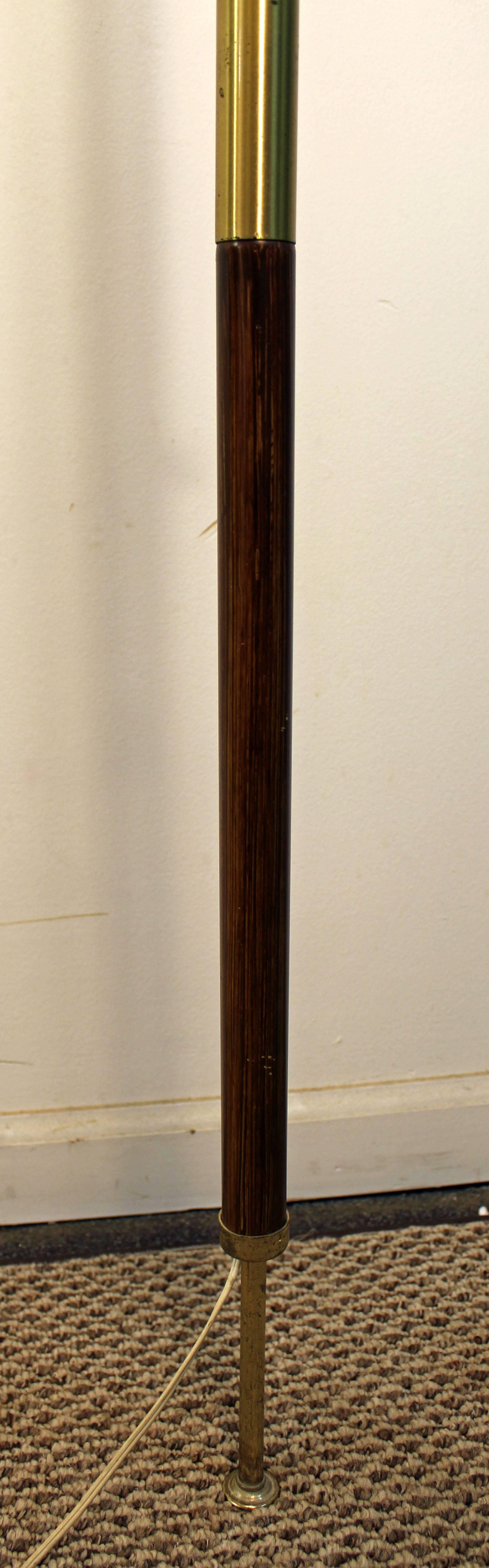 Metal Midcentury Danish Modern Walnut Brass Three-Way Tension Pole Lamp