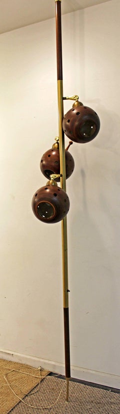 Midcentury Danish Modern Walnut Brass Three-Way Tension Pole Lamp