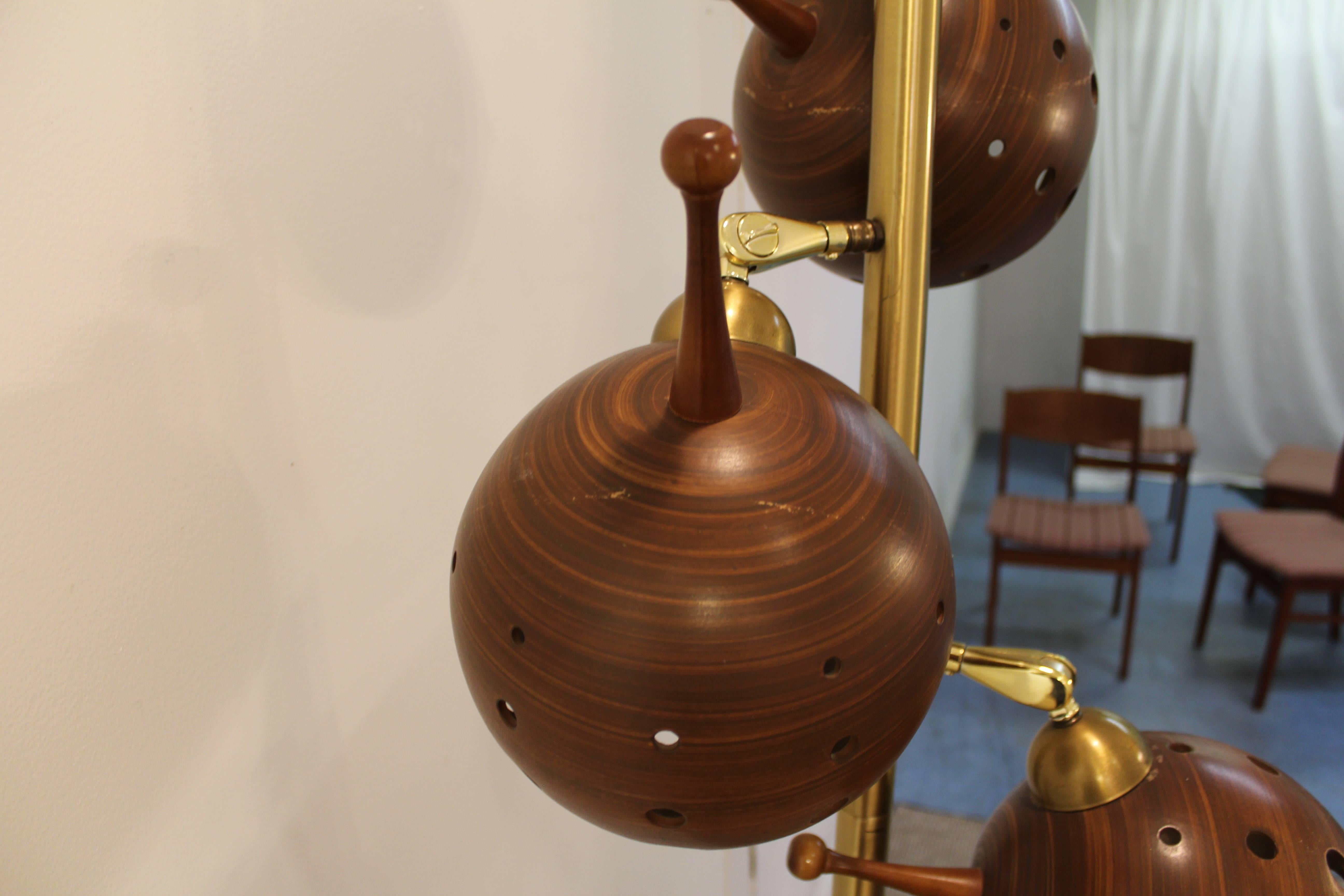 Mid-Century Modern Midcentury Danish Modern Walnut Brass Three-Way Tension Pole Lamp