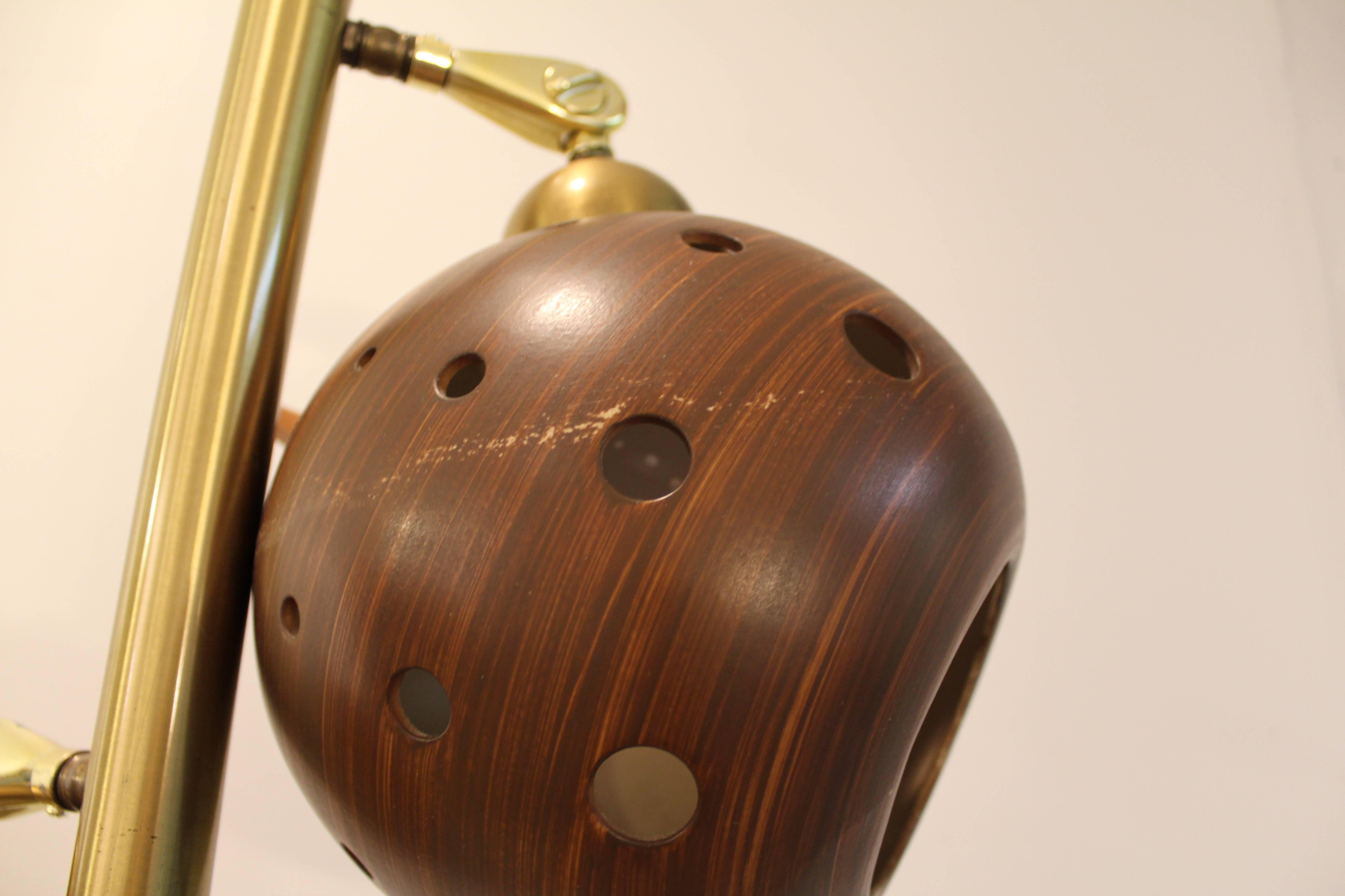 Unknown Midcentury Danish Modern Walnut Brass Three-Way Tension Pole Lamp