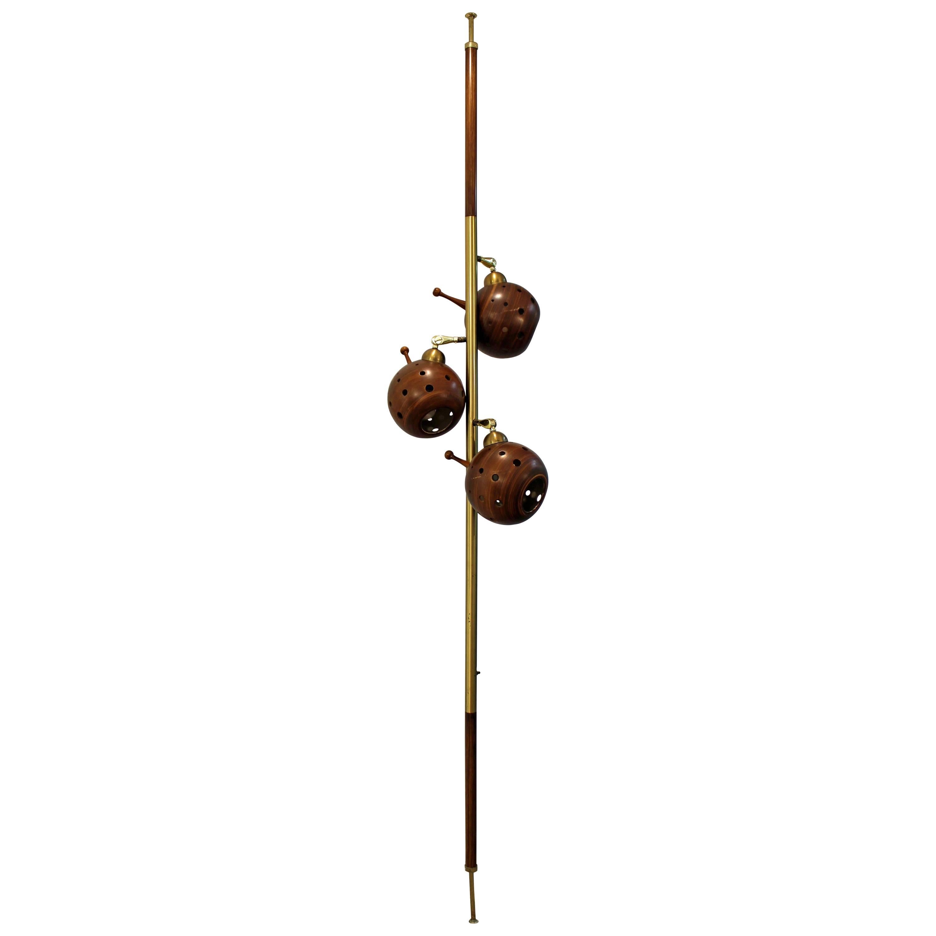 Midcentury Danish Modern Walnut Brass Three-Way Tension Pole Lamp