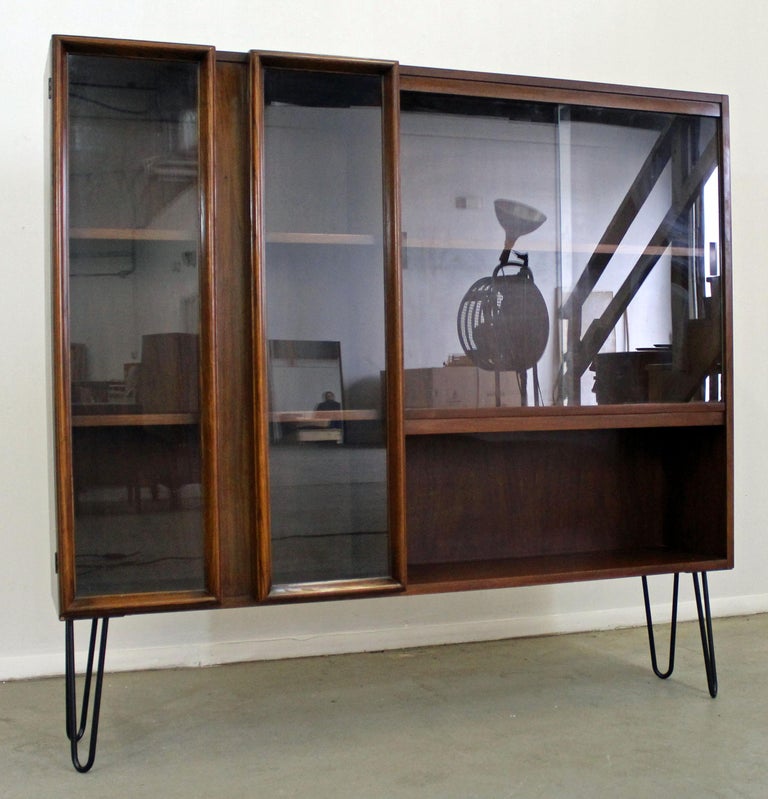 Midcentury Danish Modern Walnut Glass Door Bookcase/Shelf on Hairpin