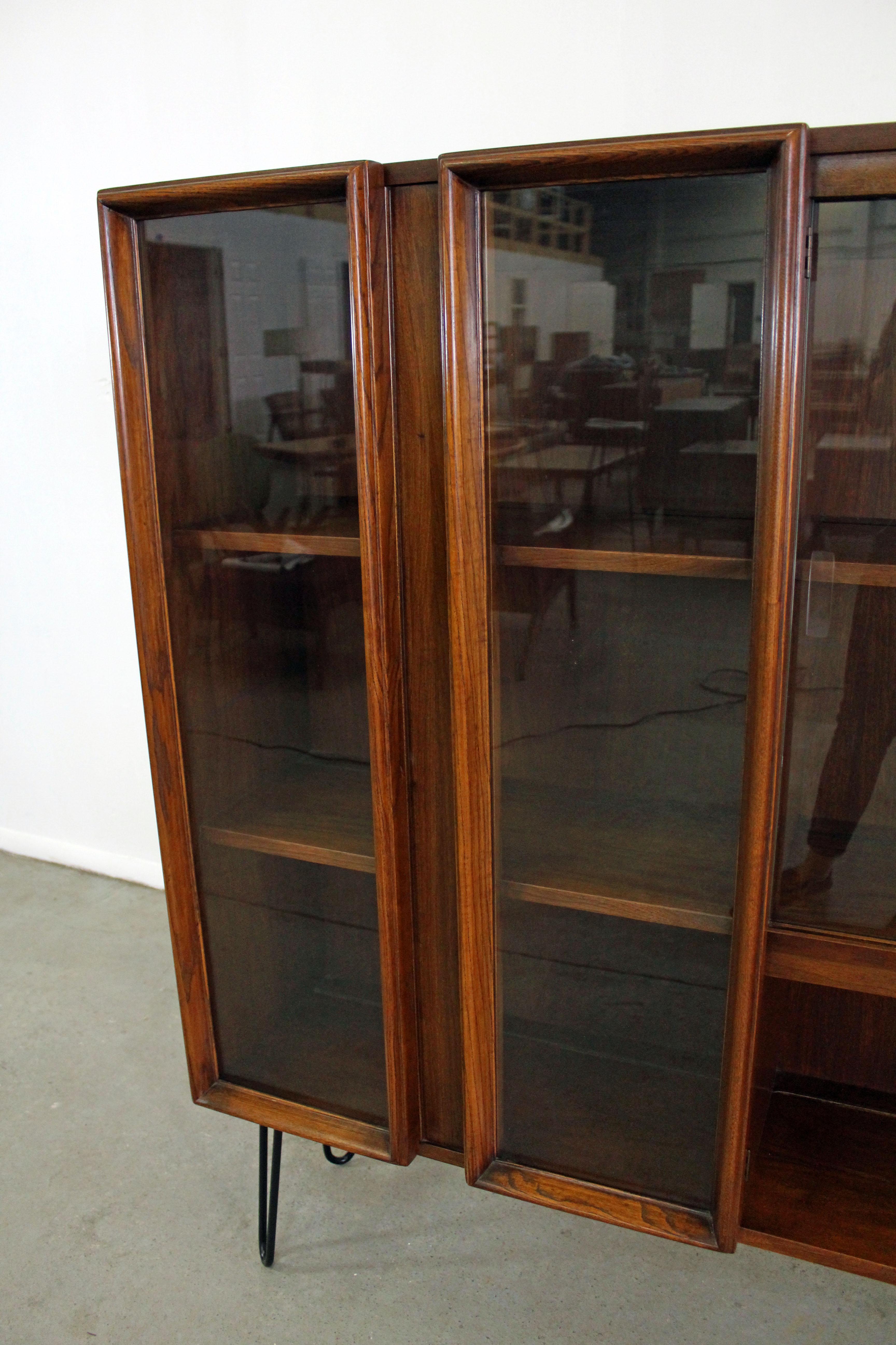 20th Century Midcentury Danish Modern Walnut Glass Door Bookcase/Shelf on Hairpin Legs