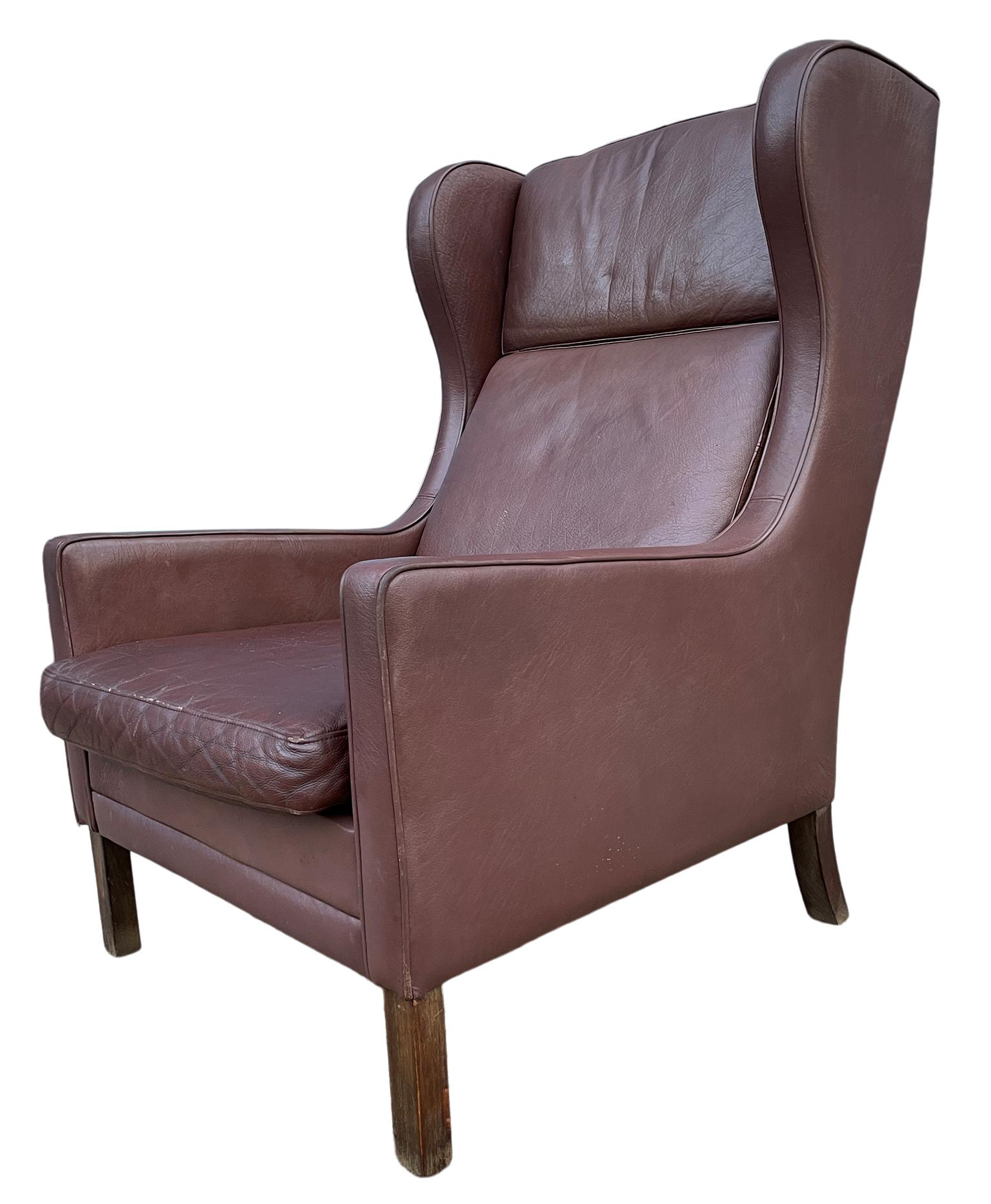 Mid-20th Century Midcentury Danish Modern Wingback Leather Chair by Børge Mogensen