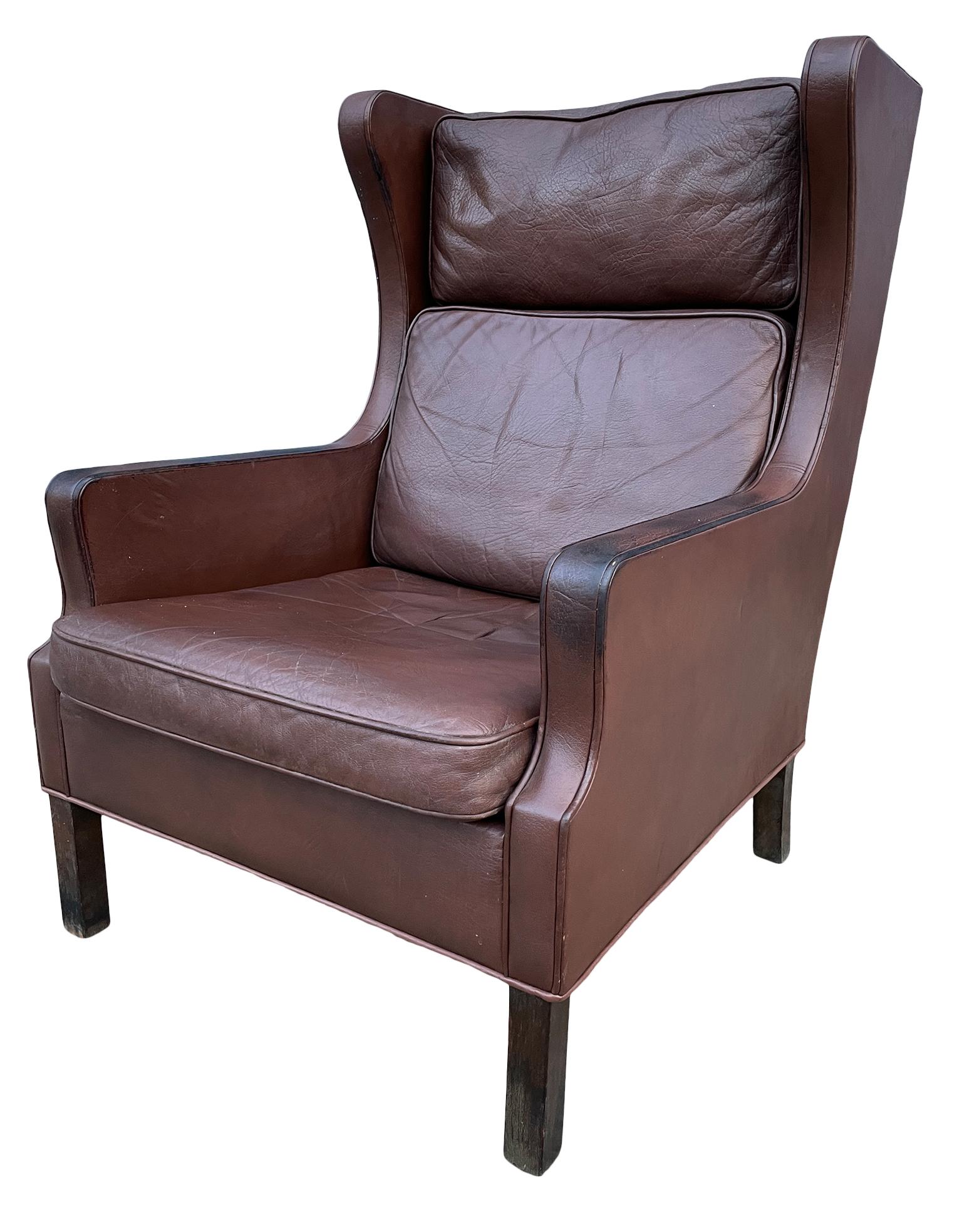 Woodwork Midcentury Danish Modern Wingback Leather Chair by Børge Mogensen For Sale