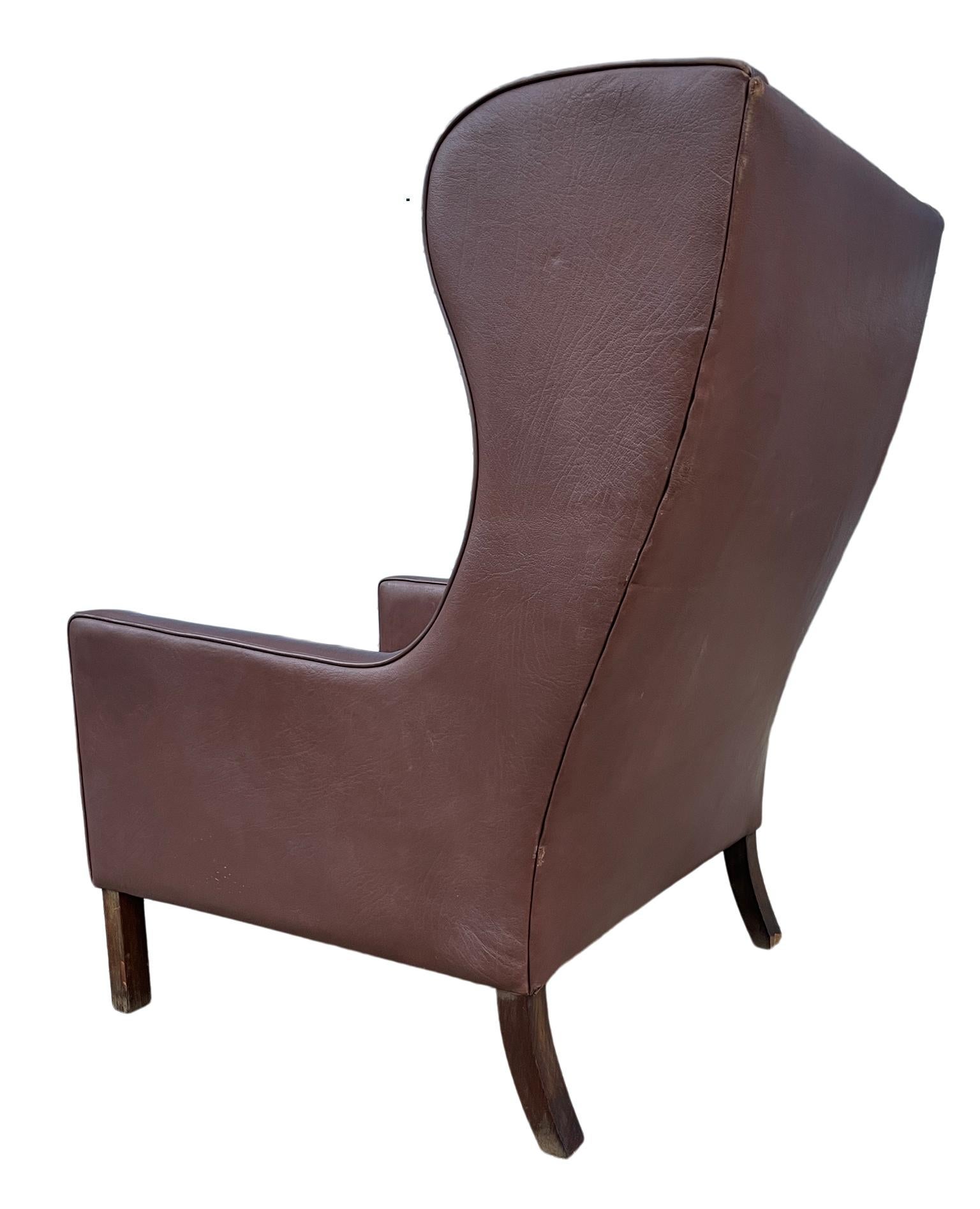 Midcentury Danish Modern Wingback Leather Chair by Børge Mogensen 1