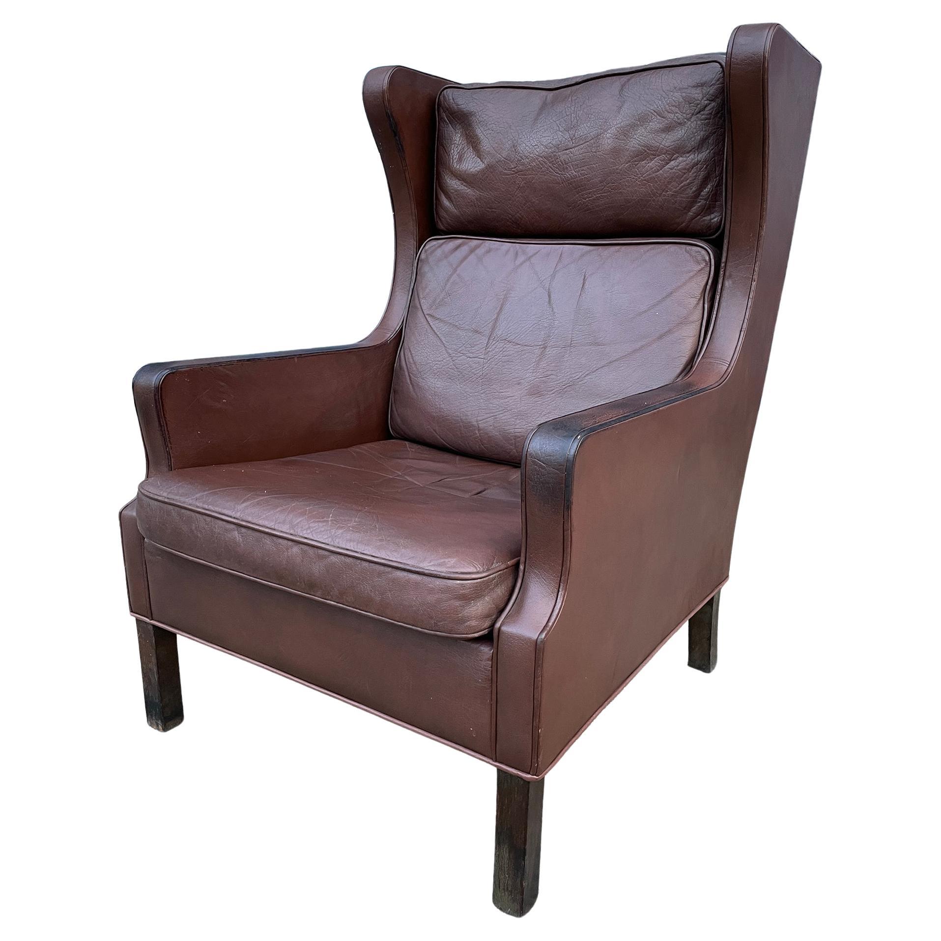 Midcentury Danish Modern Wingback Leather Chair by Børge Mogensen For Sale