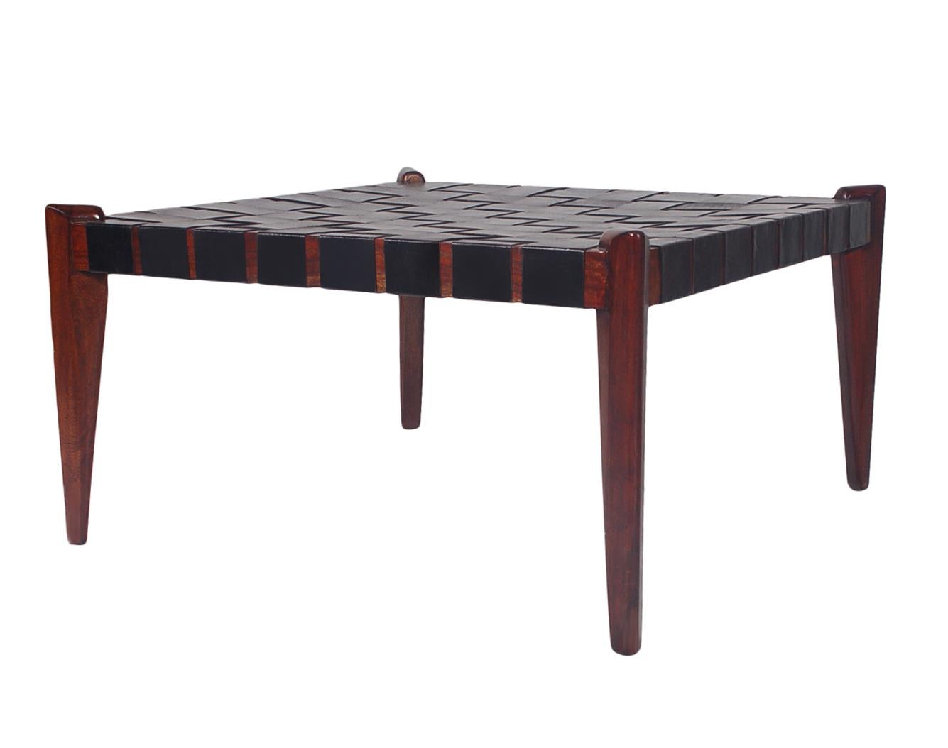 Scandinavian Modern Midcentury Danish Modern Wood & Black Leather Bench, Ottoman or Coffee Table