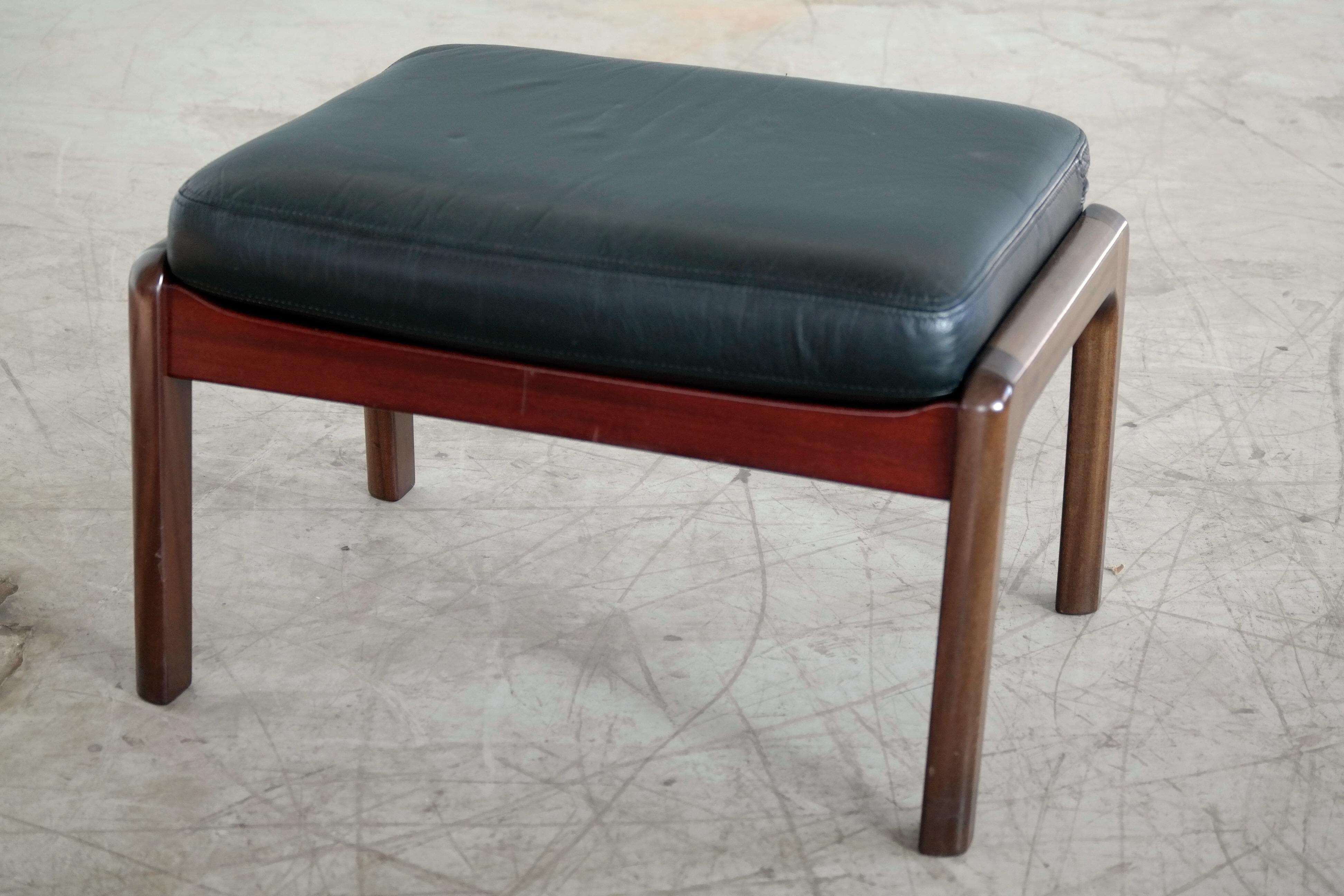 Scandinavian Modern Midcentury Danish Ottoman in Leather and Mahogany by Ole Wanscher