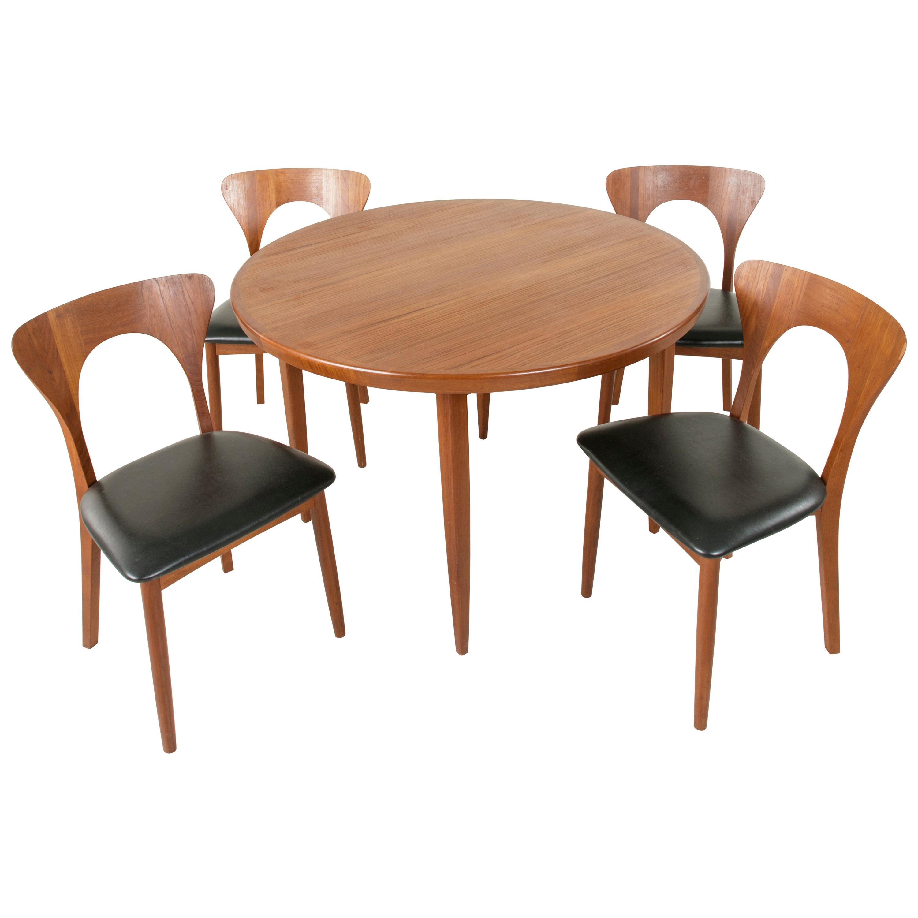 Midcentury Danish Round Teak Table and Four Chairs by Niels Koefoed, Hornslet
