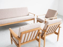Midcentury Danish Seating Group in Solid Beech and New Fabric
