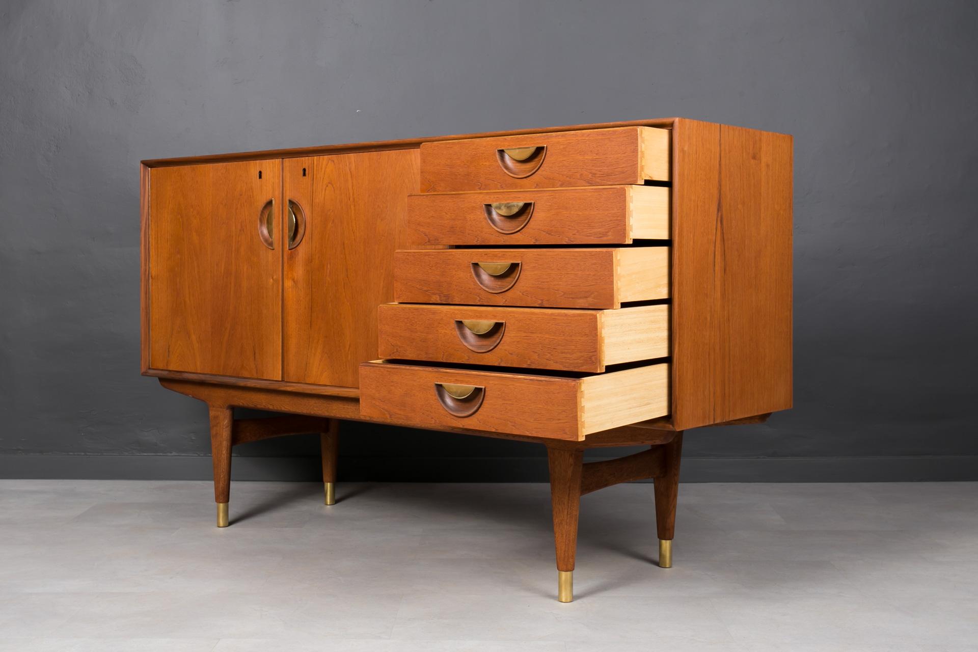 Oiled Midcentury Danish Sideboard, Teak Wood and Brass Details, 1950s For Sale