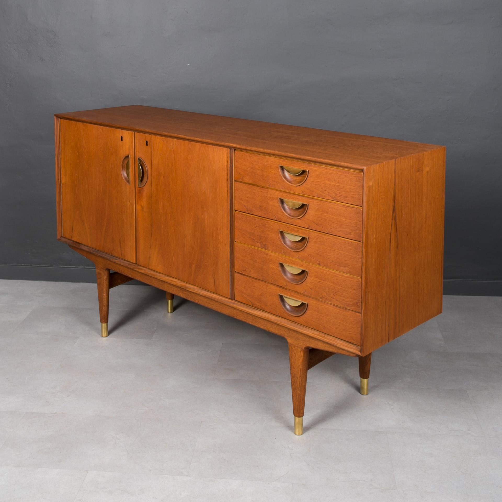 Mid-20th Century Midcentury Danish Sideboard, Teak Wood and Brass Details, 1950s For Sale