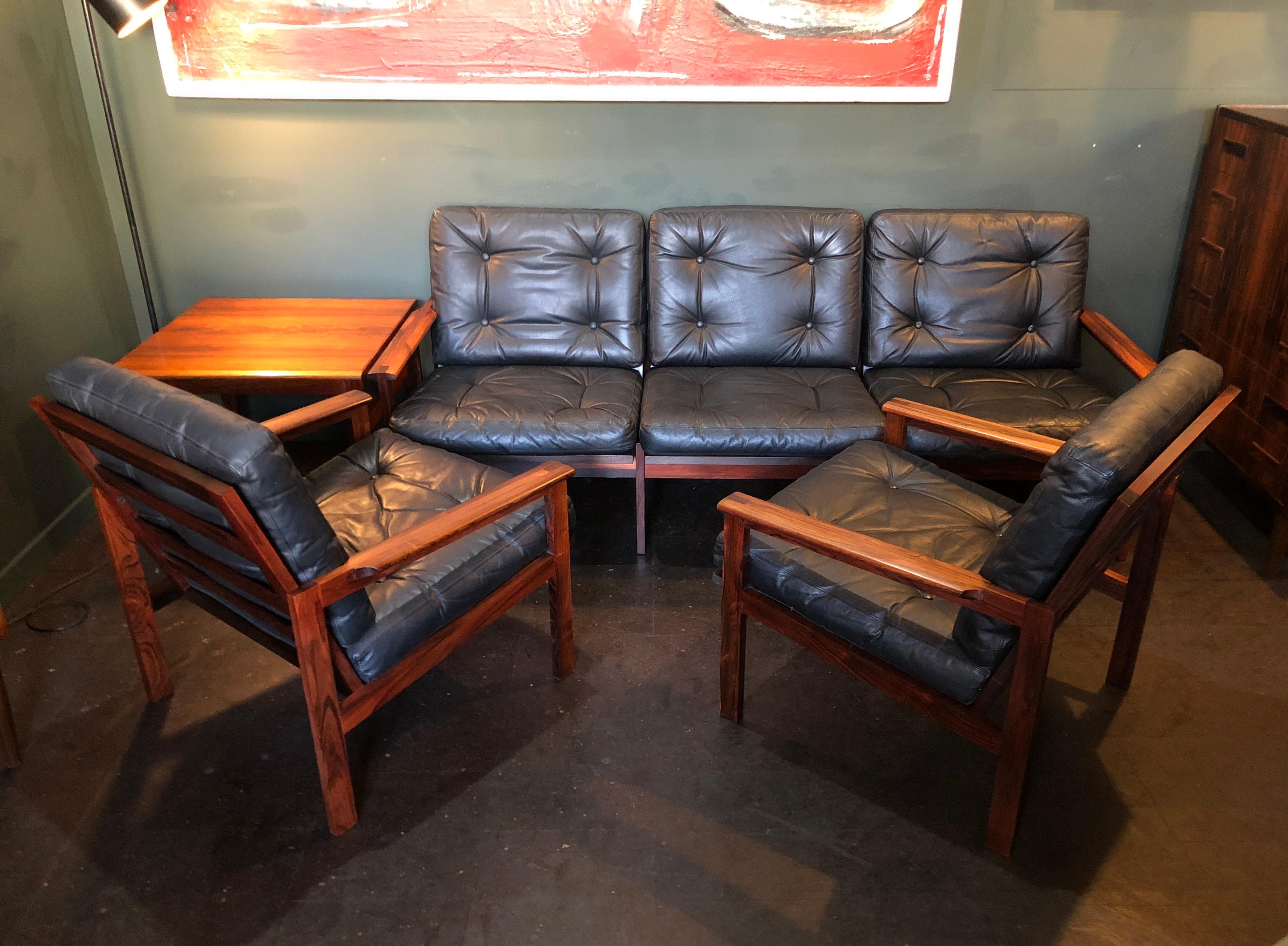 Midcentury Danish Sofa Set by Illum Wikkelso, Rosewood and Leather. 1