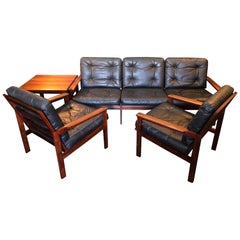 Midcentury Danish Sofa Set by Illum Wikkelso, Rosewood and Leather.