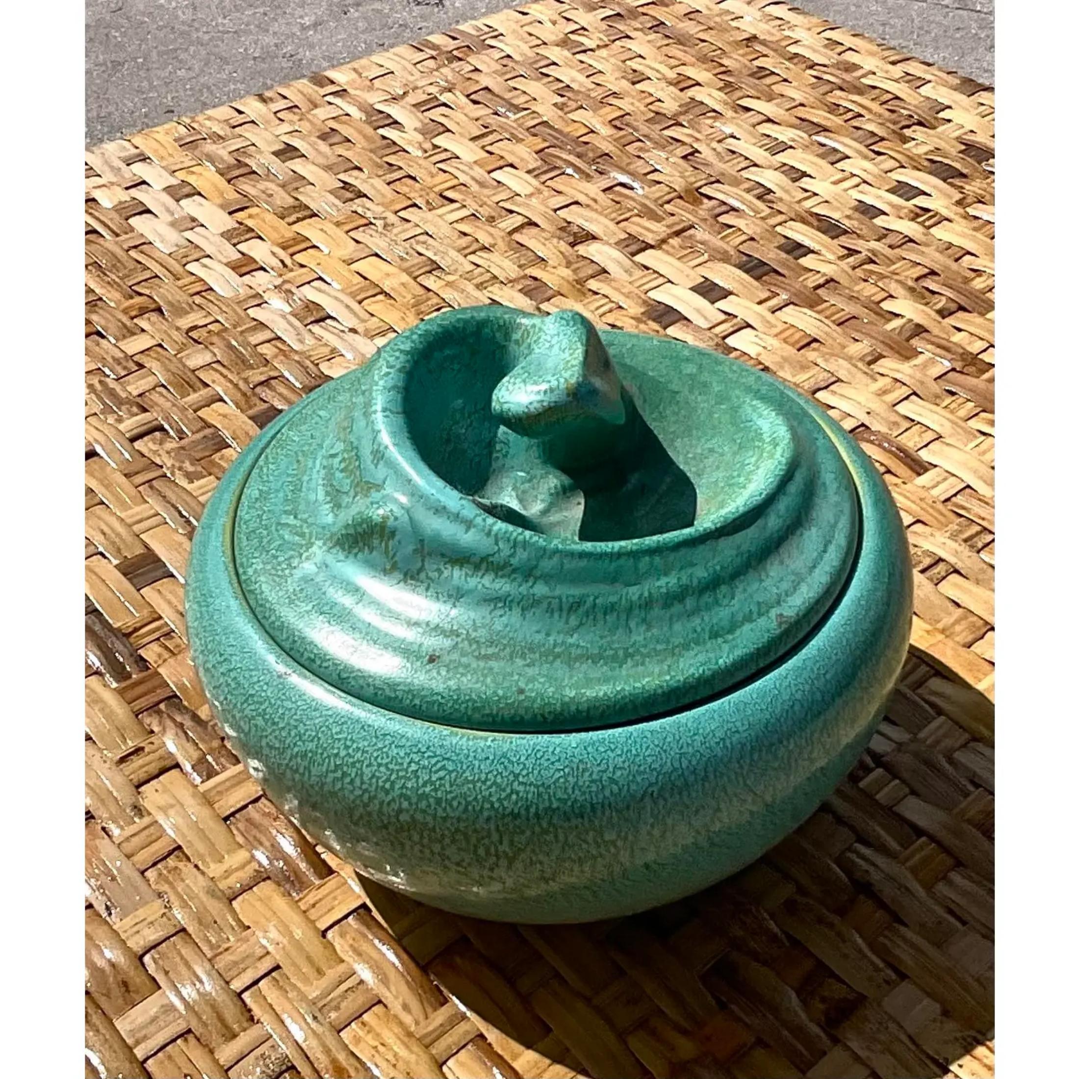 Midcentury Danish Swirl Pottery Lidded Bowl In Good Condition In west palm beach, FL