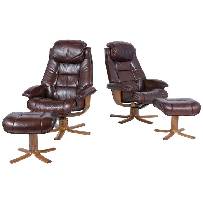 Vintage Danish Mid-Century Brown Leather Lounge Chairs For Sale