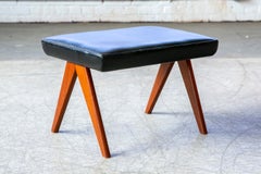 Midcentury Danish Teak and Leather Ottoman or Footstool