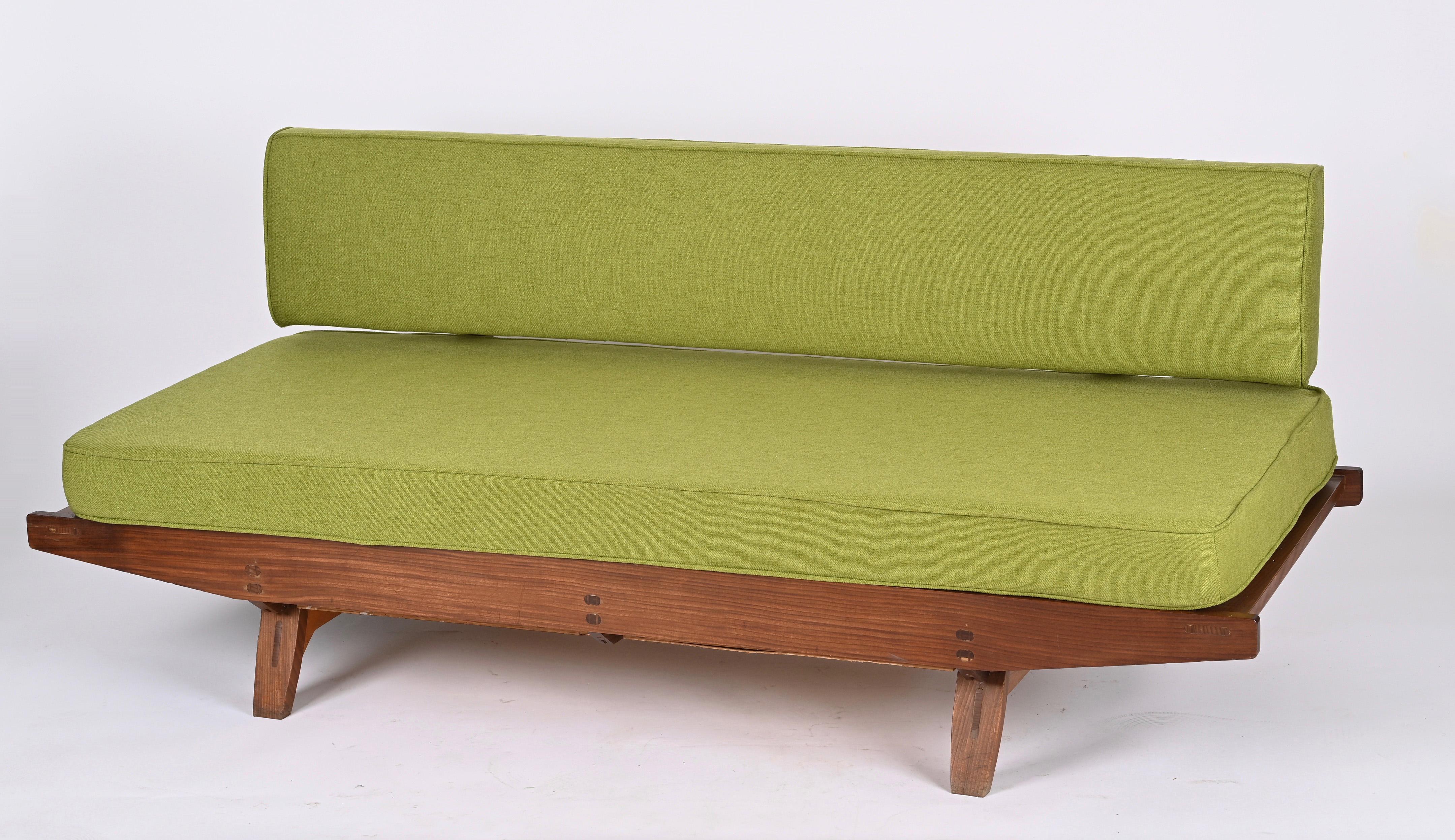 Scandinavian Modern Midcentury Danish Teak and Sage Green Fabric Extendable Sofa after Olsen, 1960s