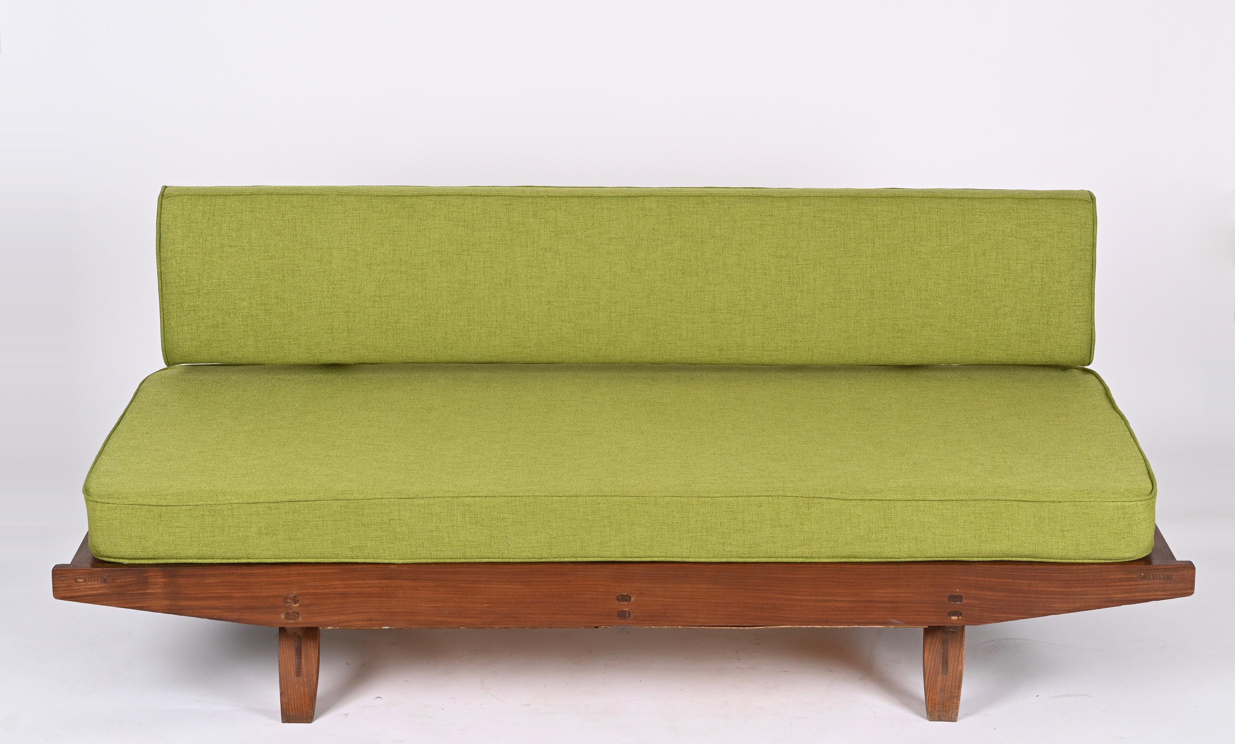 Midcentury Danish Teak and Sage Green Fabric Extendable Sofa after Olsen, 1960s In Good Condition In Roma, IT