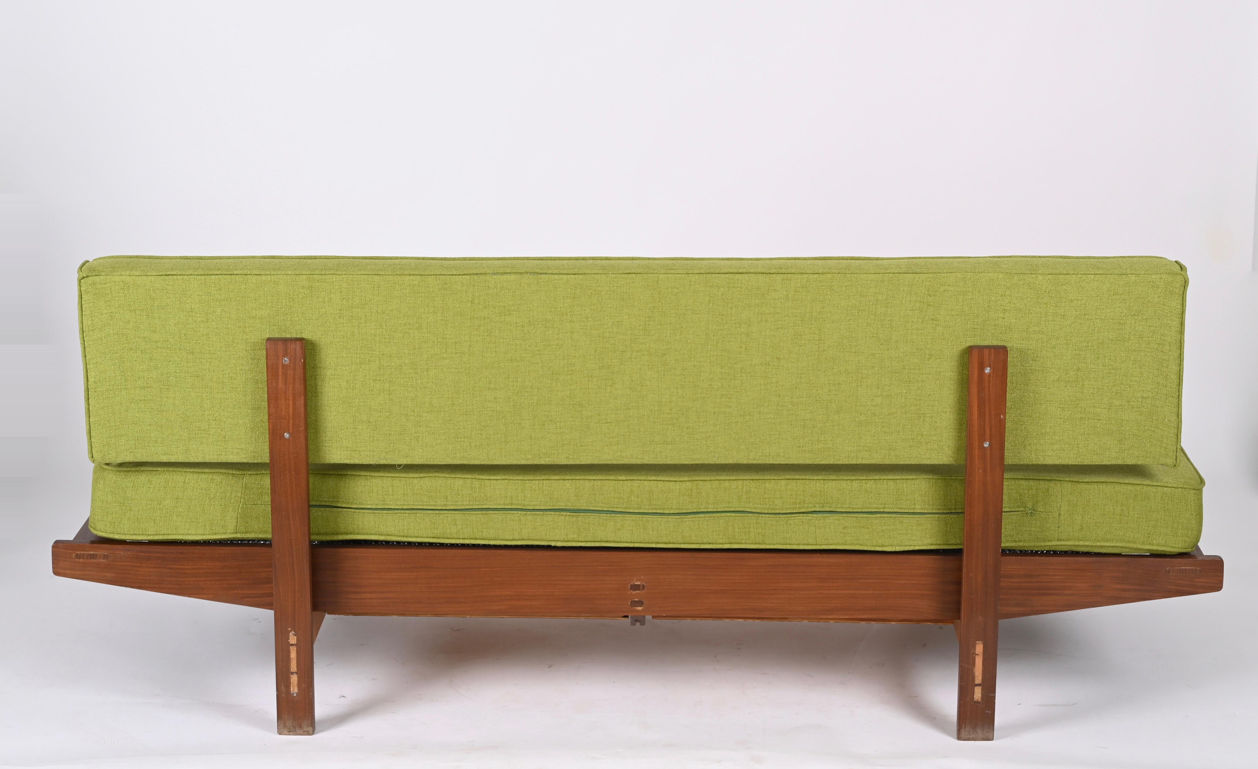 Metal Midcentury Danish Teak and Sage Green Fabric Extendable Sofa after Olsen, 1960s