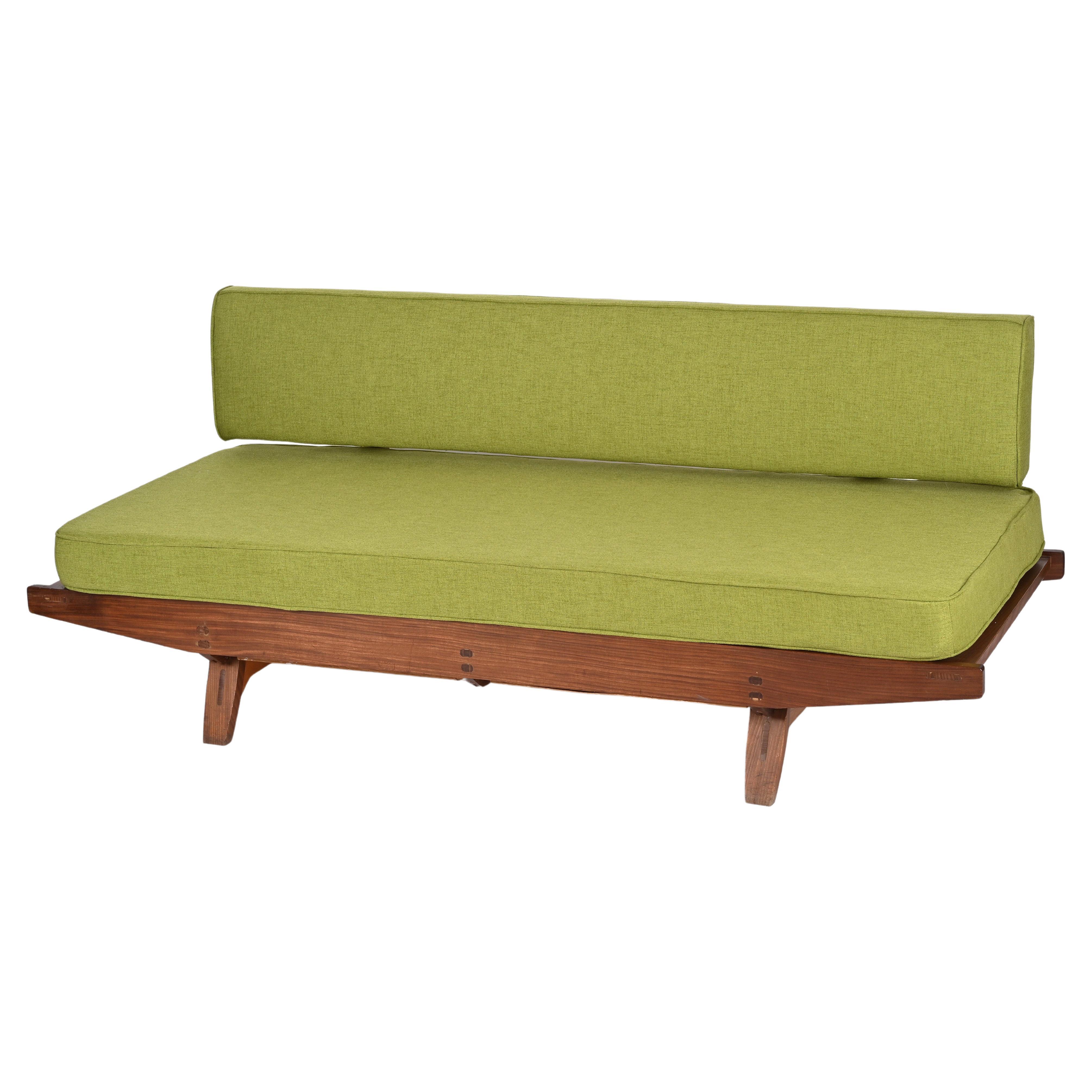 Midcentury Danish Teak and Sage Green Fabric Extendable Sofa after Olsen, 1960s