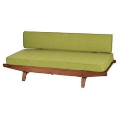 Retro Midcentury Danish Teak and Sage Green Fabric Extendable Sofa after Olsen, 1960s