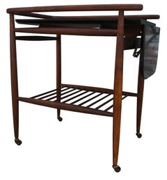 Midcentury Danish walnut Bar Cart Flip Down Black Lacquer Top server